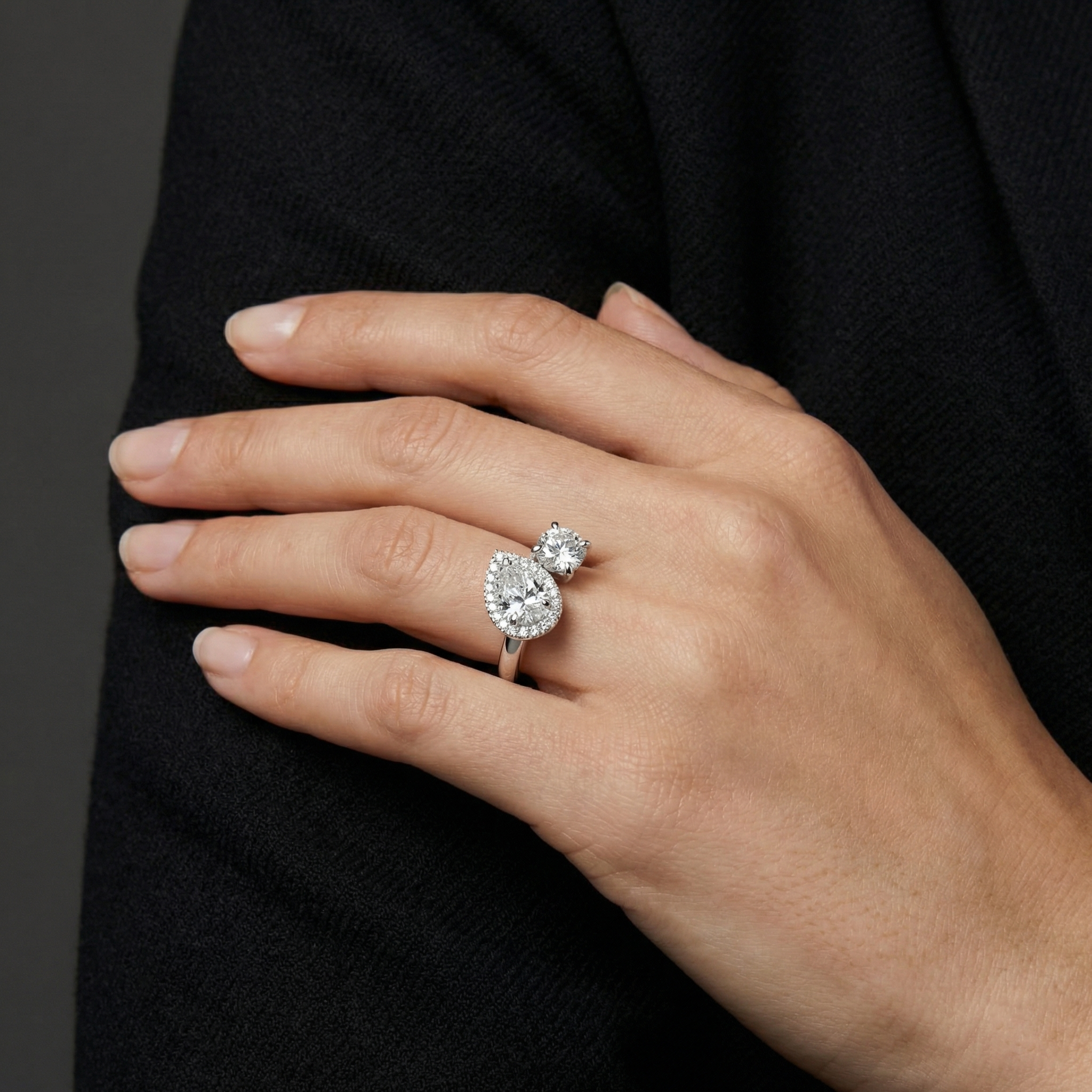 Halo Toi Et Moi Pear and Round Cut Moissanite Sterling Silver Ring