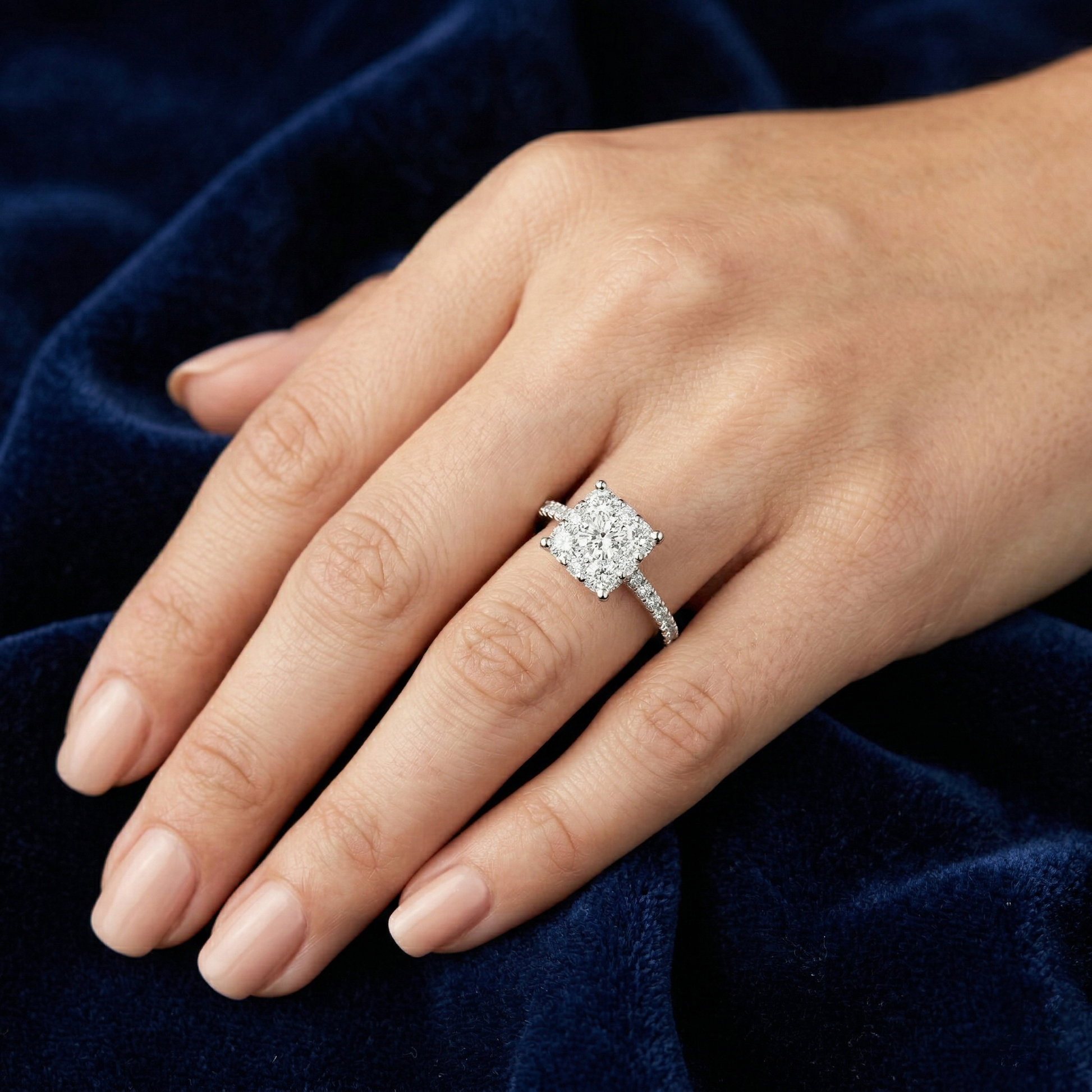 A Square-shaped Cluster Round Moissanite Diamond Engagement Ring