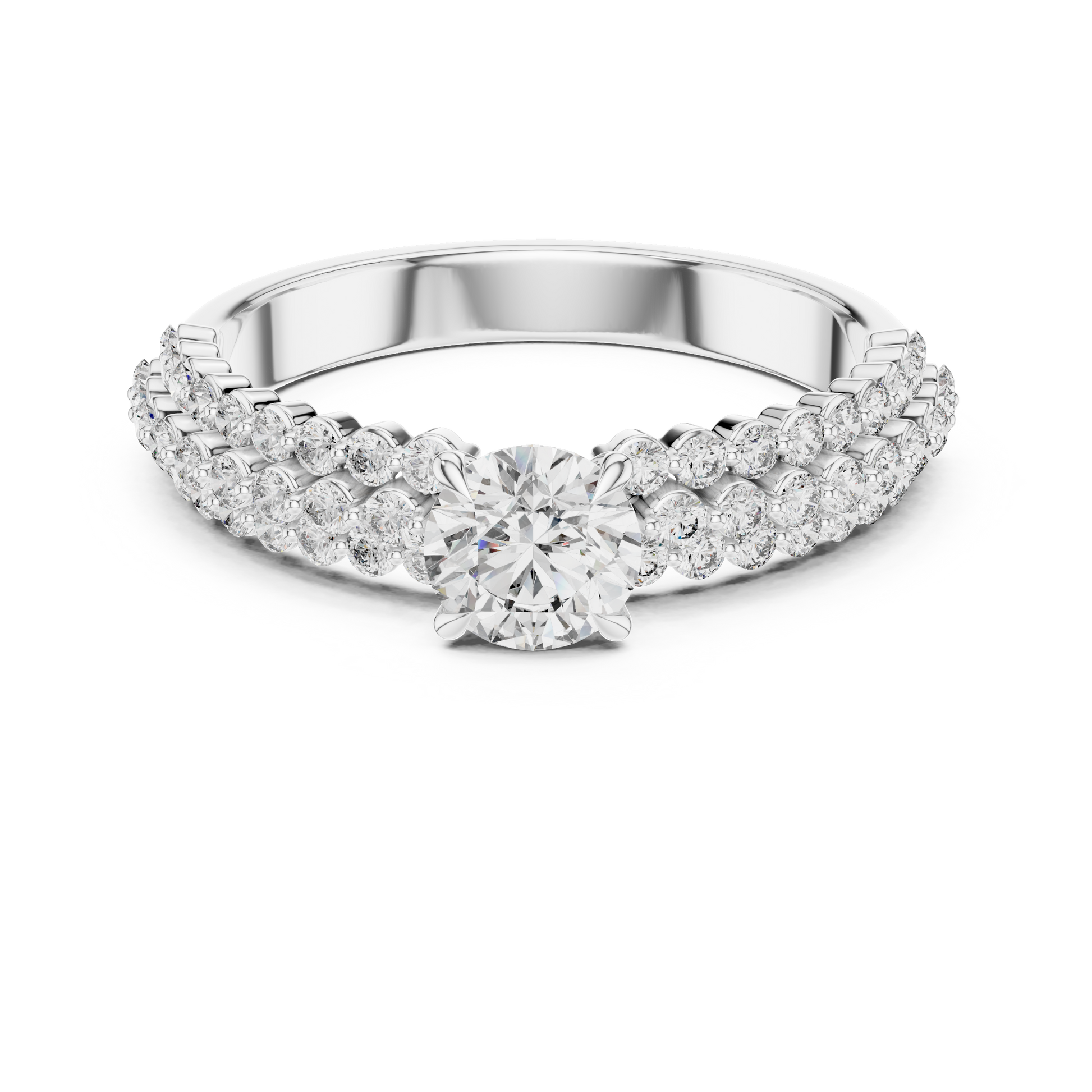 Triple-row Pavé Engagement Ring with a Central Round Solitaire Moissanite Diamond