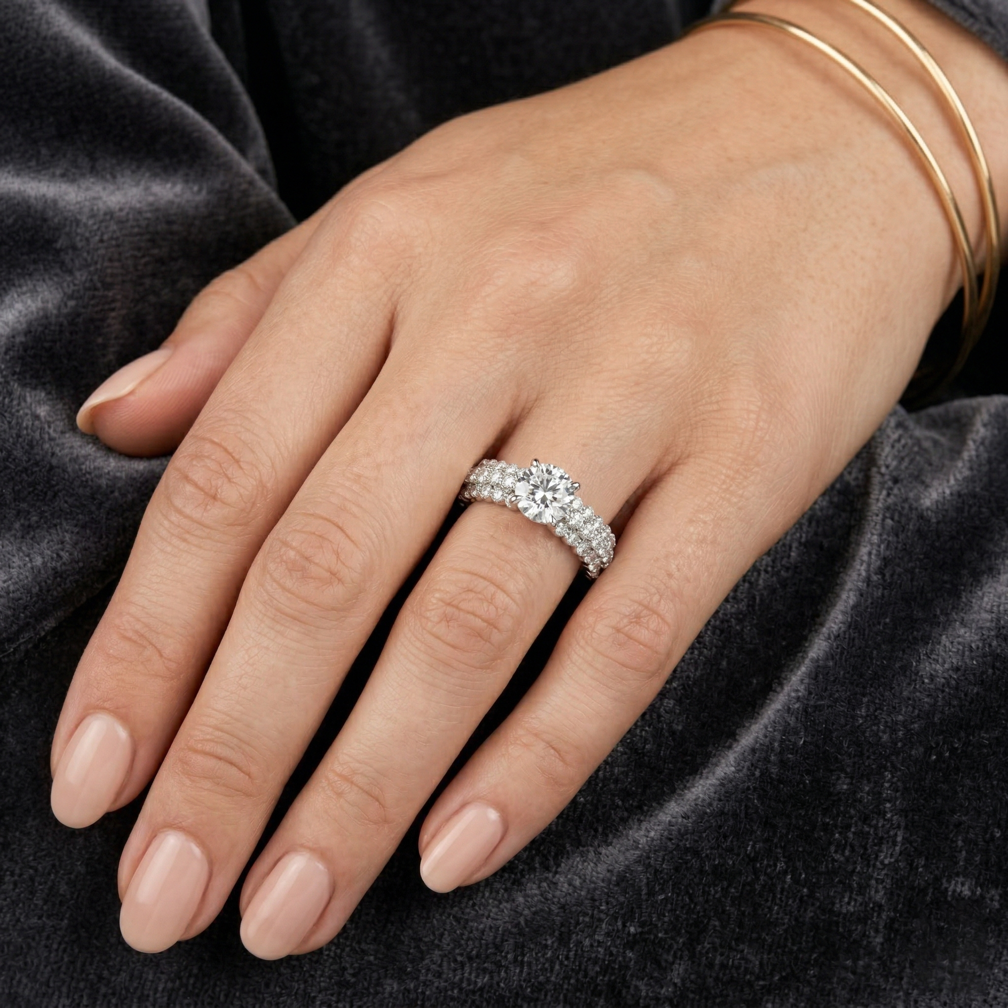 Triple-row Pavé Engagement Ring with a Central Round Solitaire Moissanite Diamond