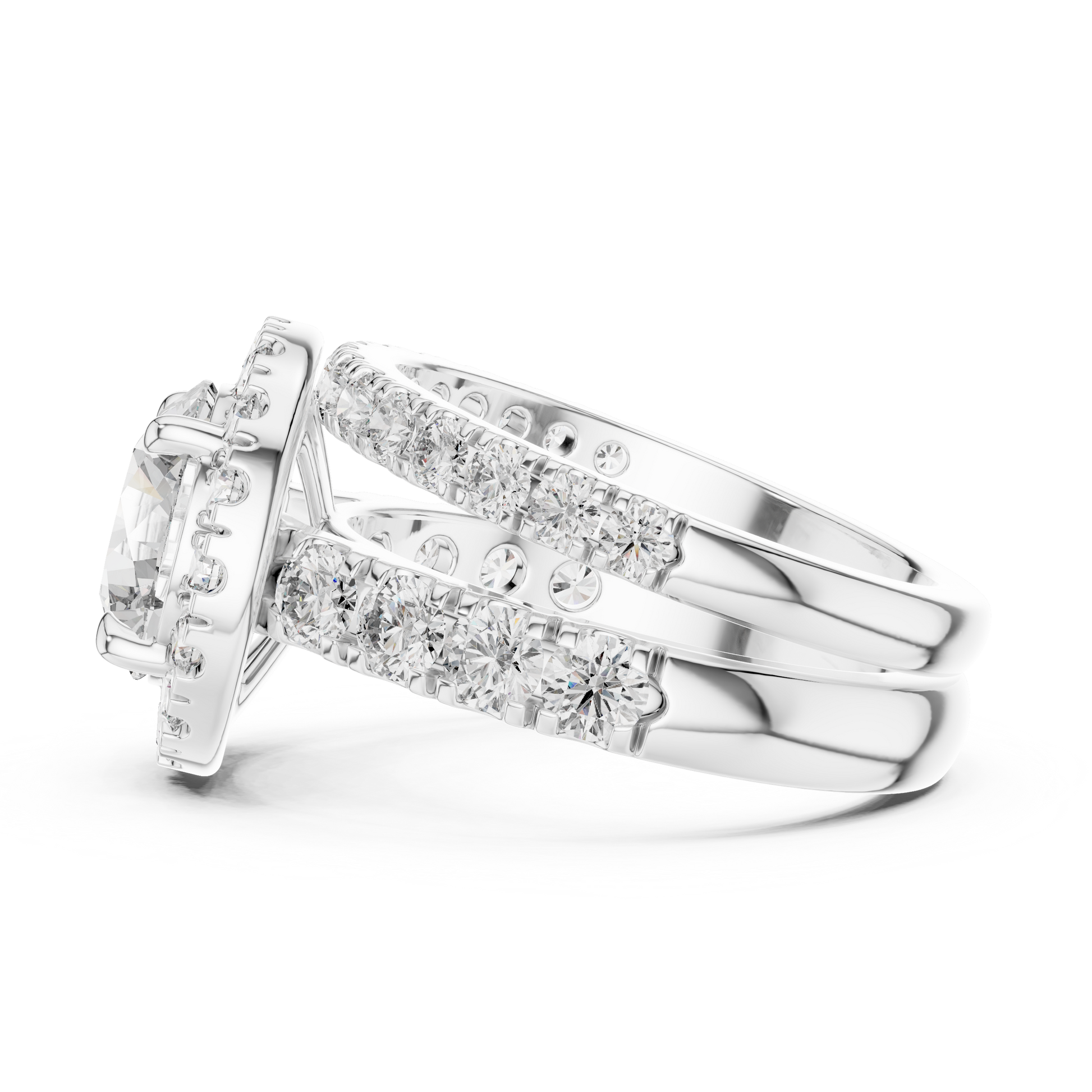 Round Moissanite Halo Cascade Solitaire Bridal Ring Set in 925 Sterling Silver