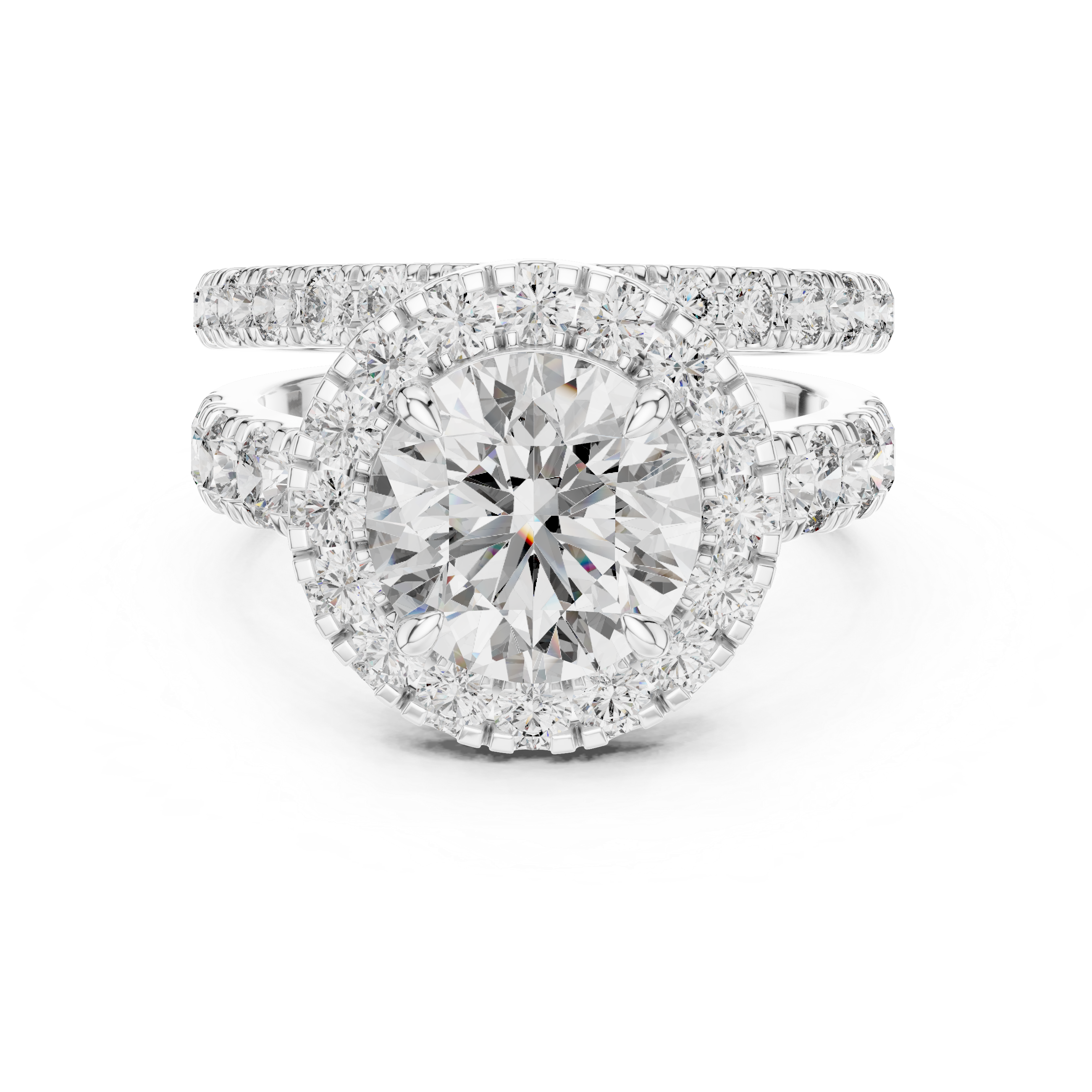 Round Moissanite Halo Cascade Solitaire Bridal Ring Set in 925 Sterling Silver