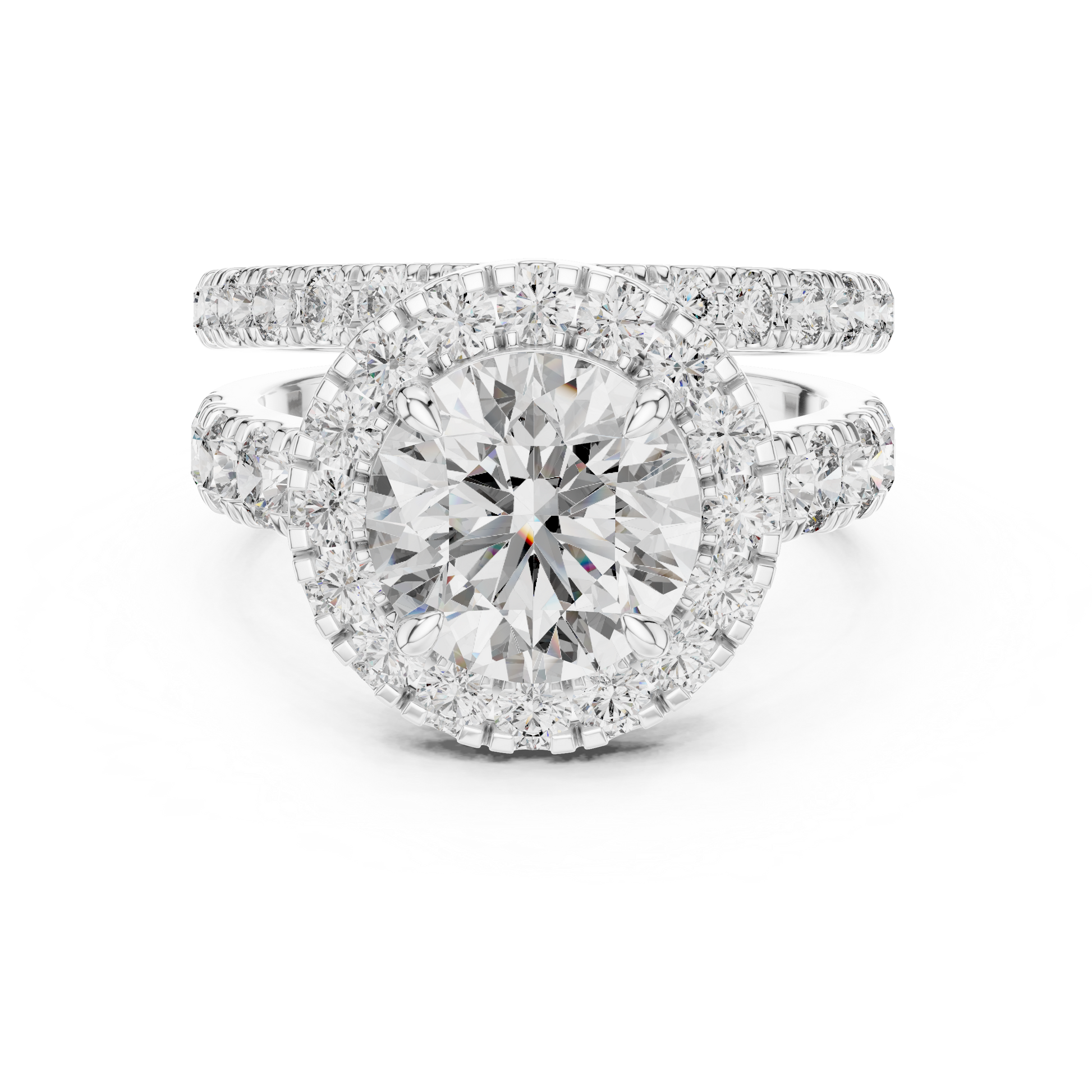 Round Moissanite Halo Cascade Solitaire Bridal Ring Set in 925 Sterling Silver