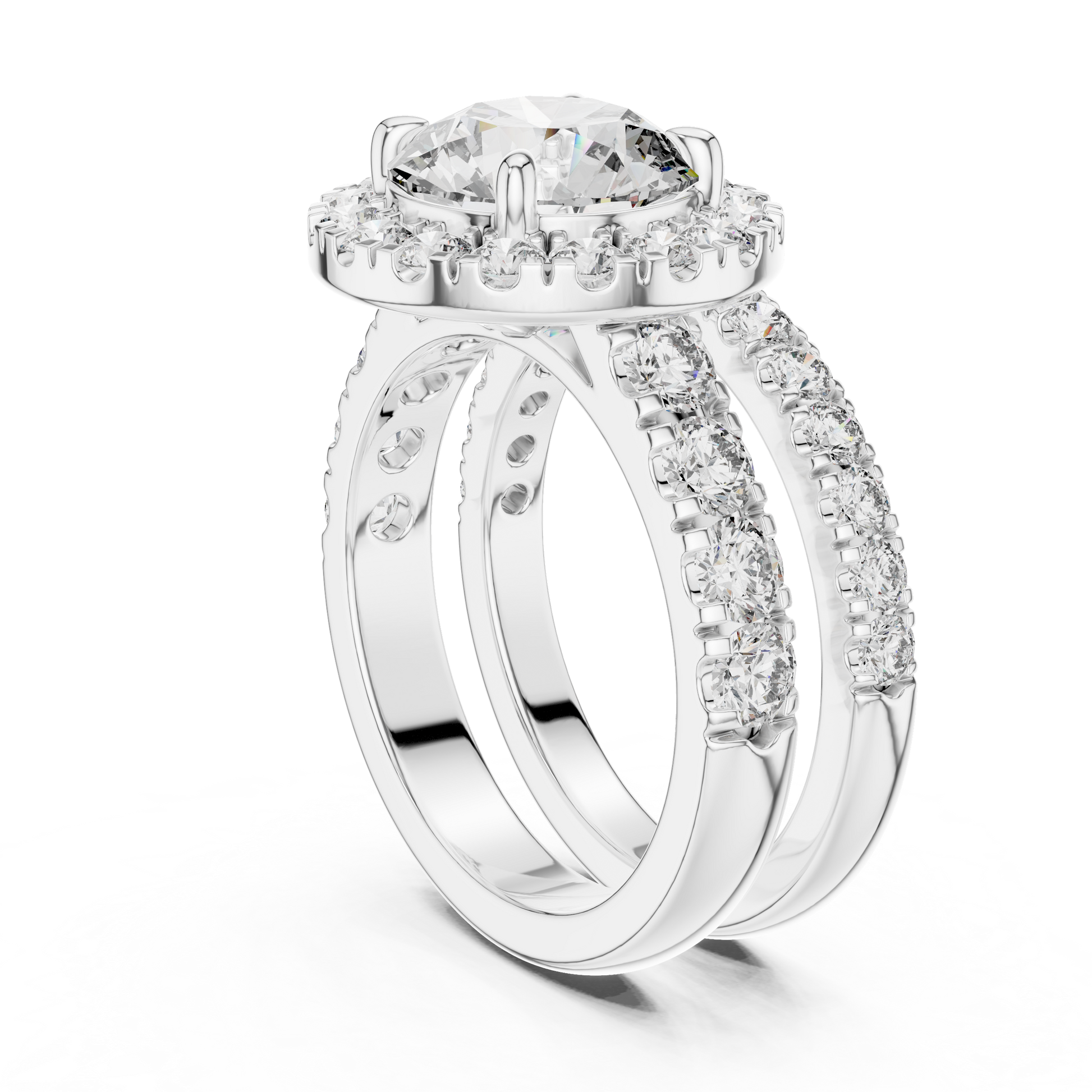 Round Moissanite Halo Cascade Solitaire Bridal Ring Set in 925 Sterling Silver