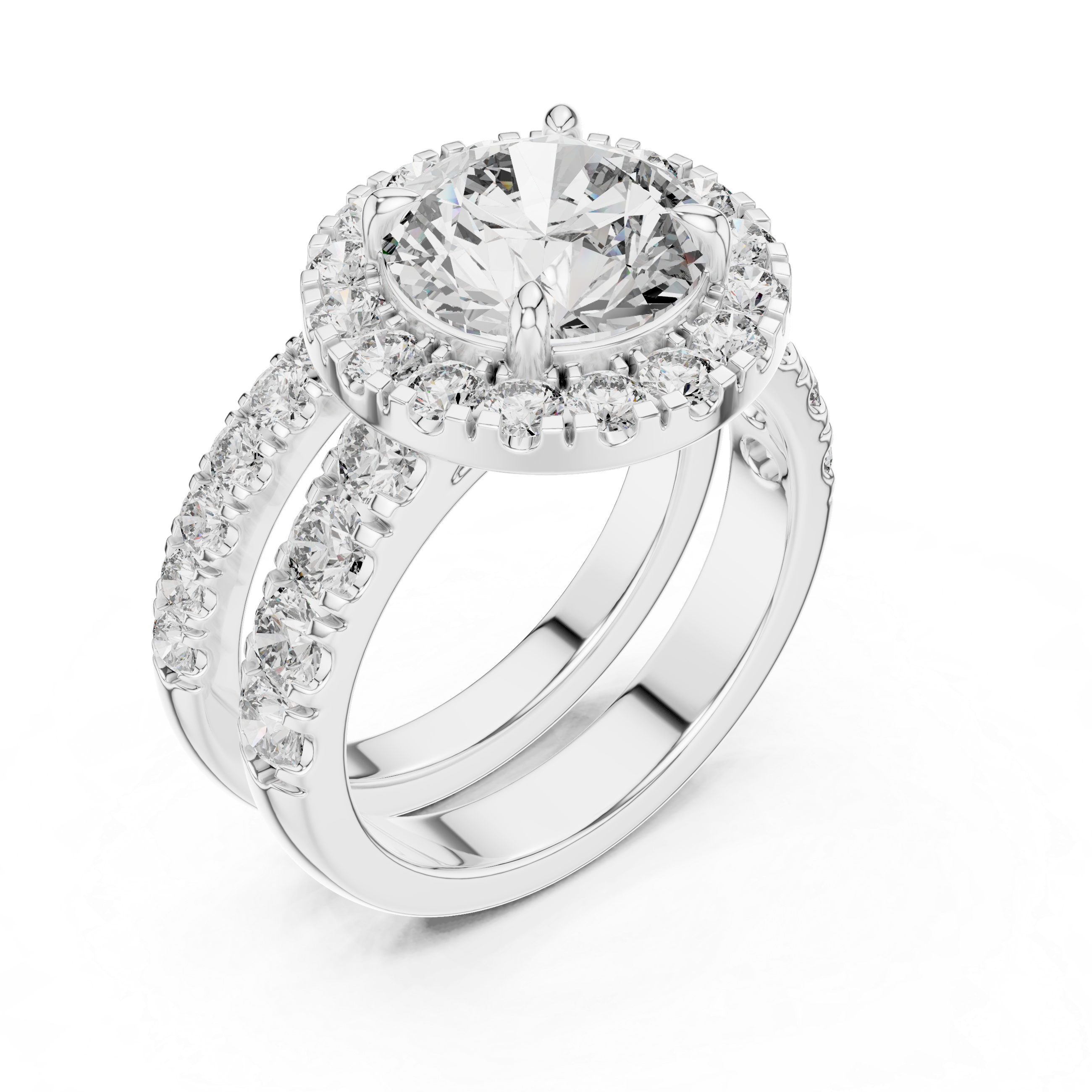 Round Moissanite Halo Cascade Solitaire Bridal Ring Set in 925 Sterling Silver