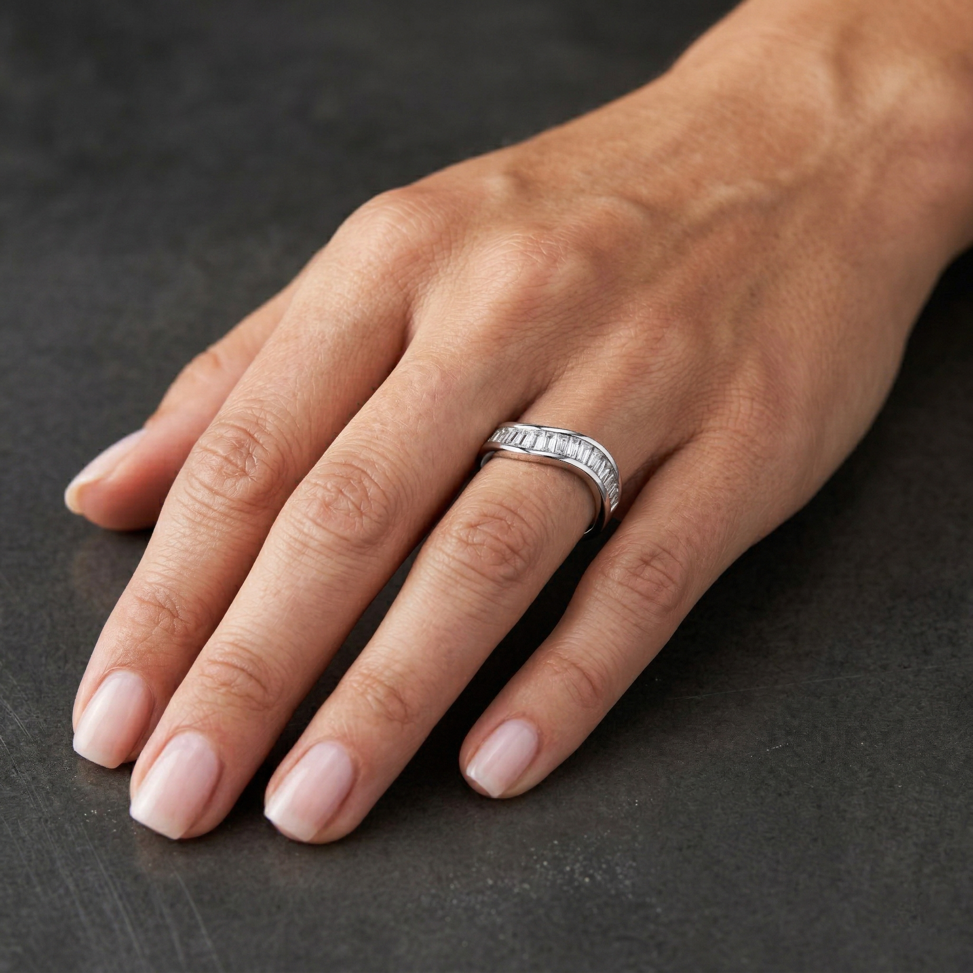 Wave Style Baguette Moissanite Diamond Stackable Band in Sterling Silver
