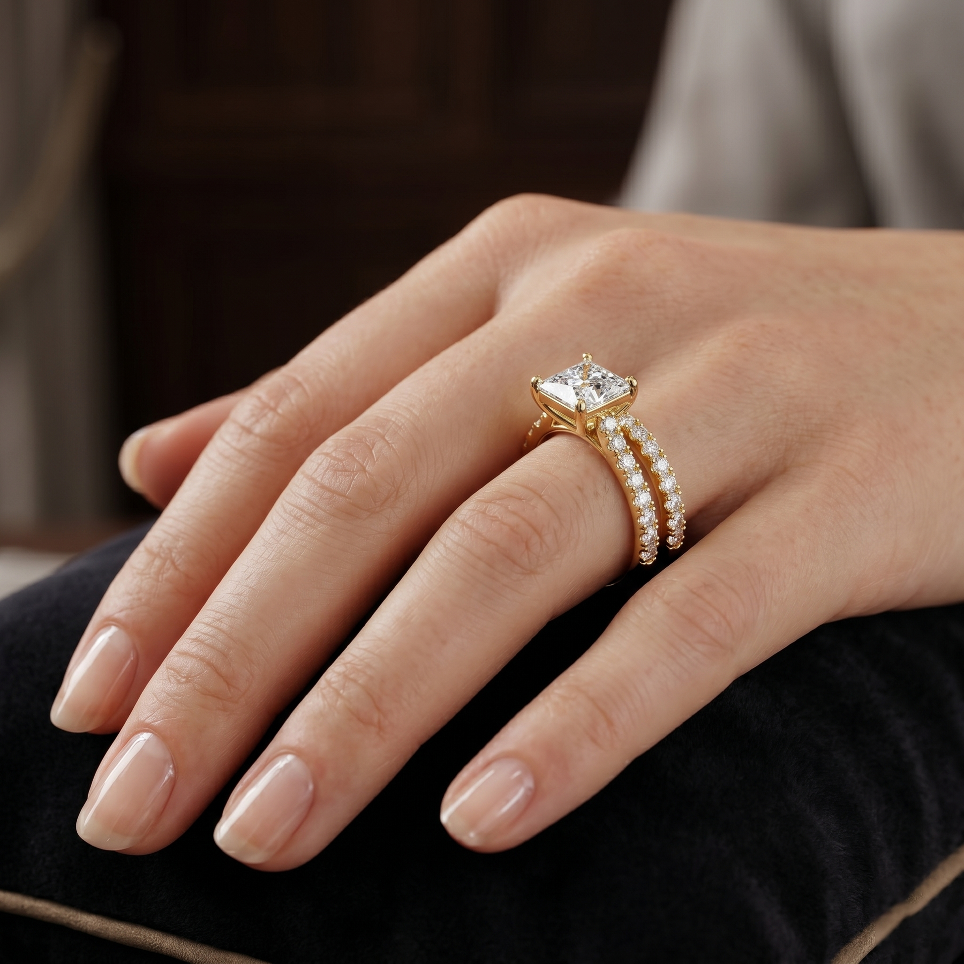 2.46 TCW Princess-cut Lab Grown Yellow Gold Engagement Ring with a Split Shank Band