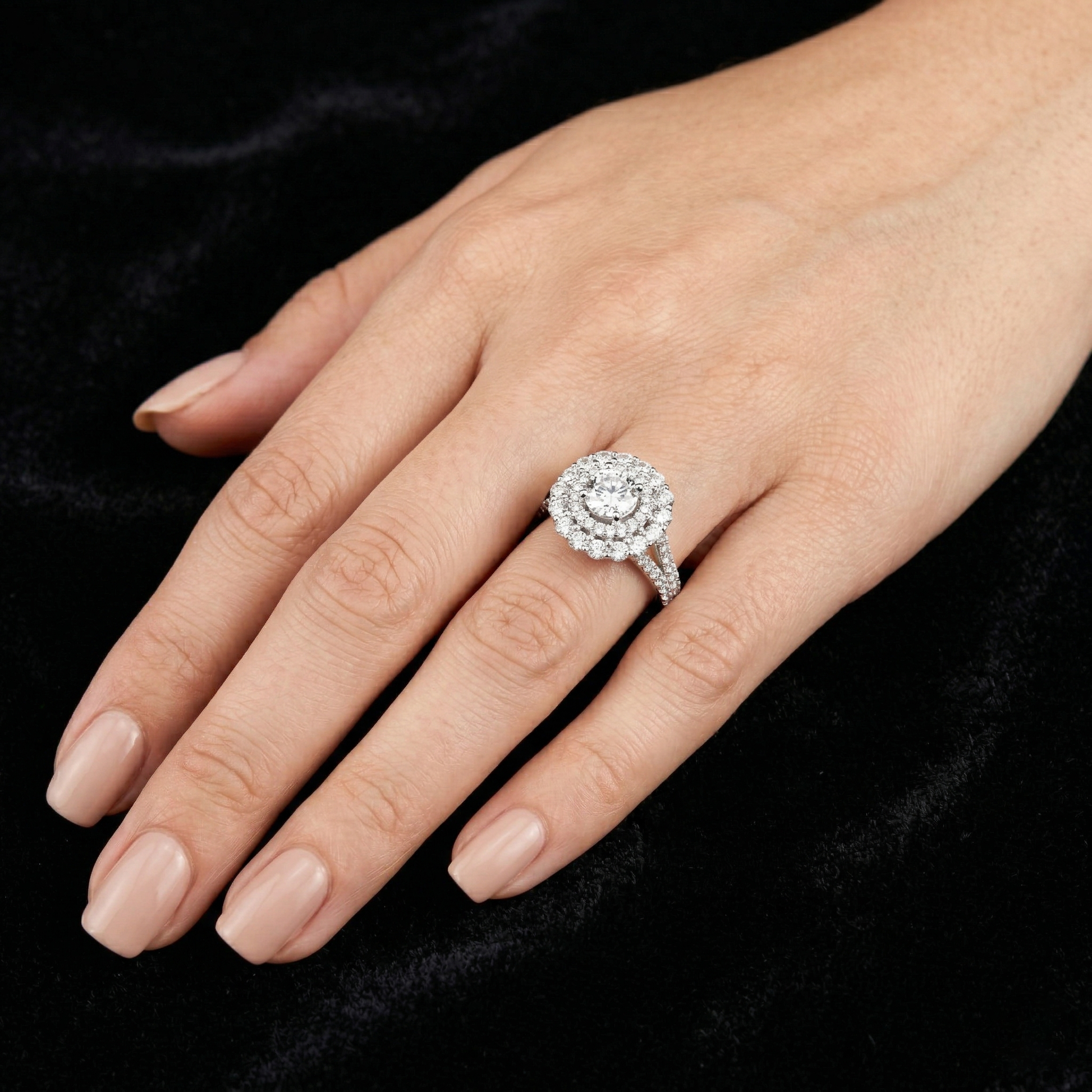 Floral Duo Halo Split Shank Round Cut Moissanite Sterling Silver Engagement Ring