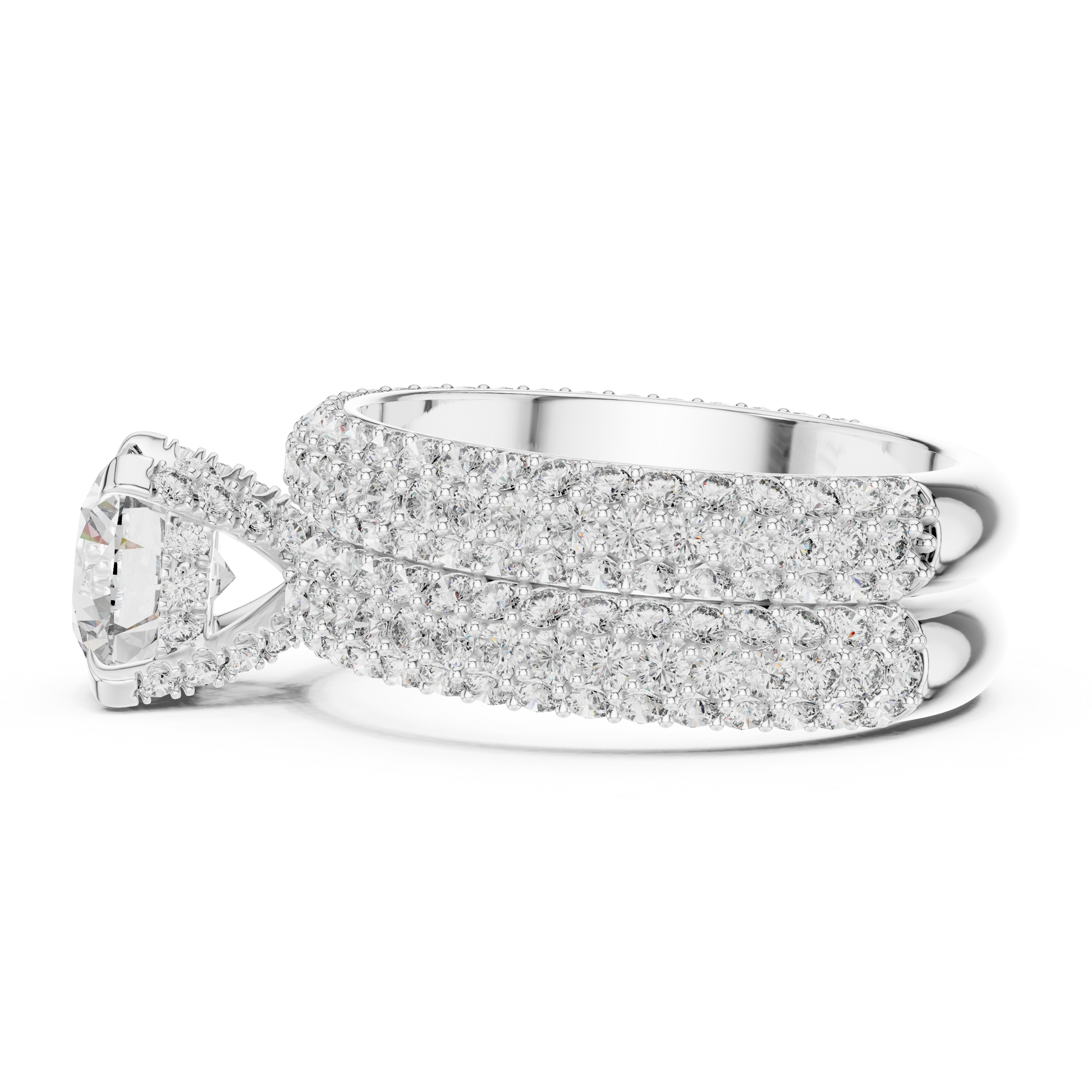 Round Cut Three Row Pave Set Moissanite Double Band Bridal Ring Set in Sterling Silver