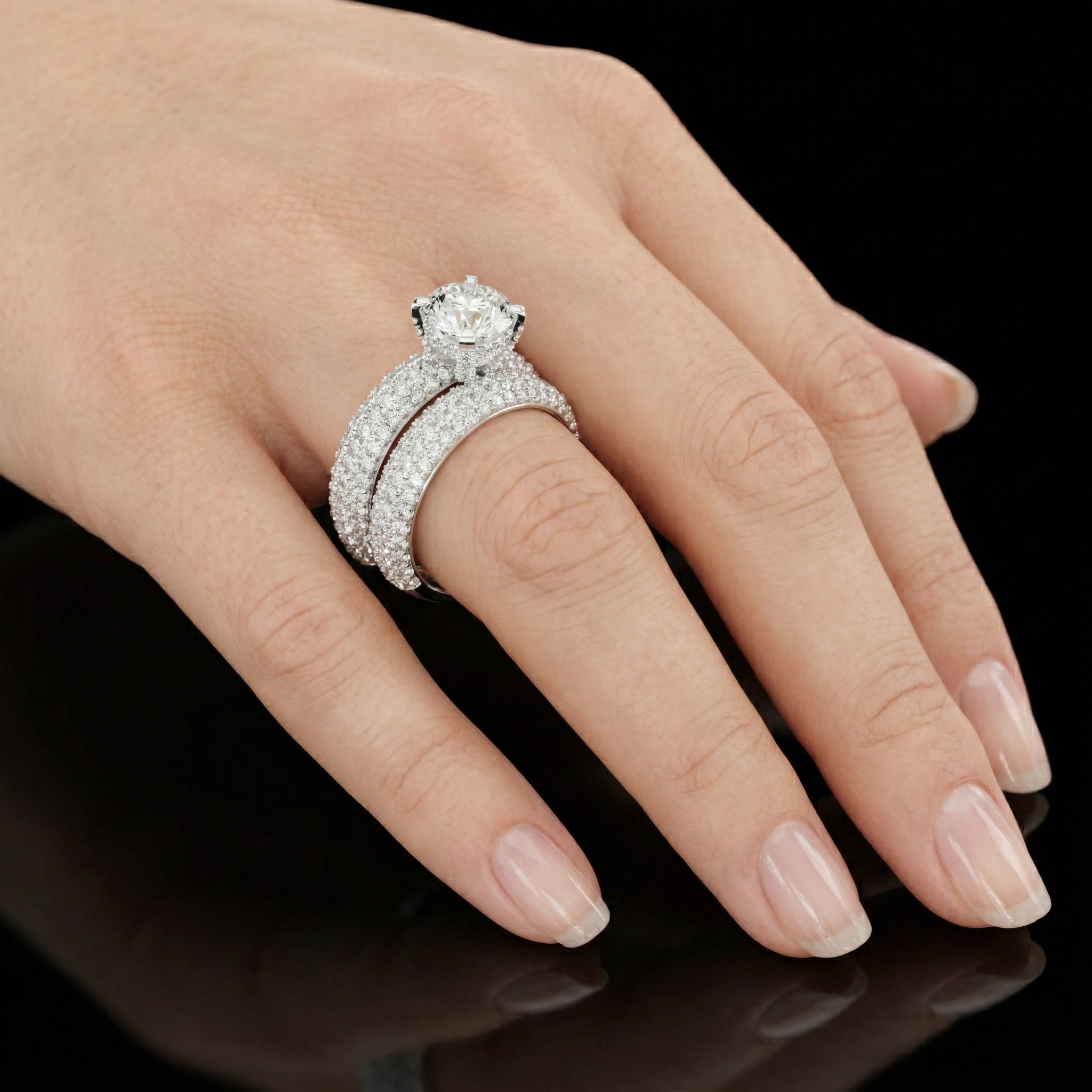 Round Cut Three Row Pave Set Moissanite Double Band Bridal Ring Set in Sterling Silver