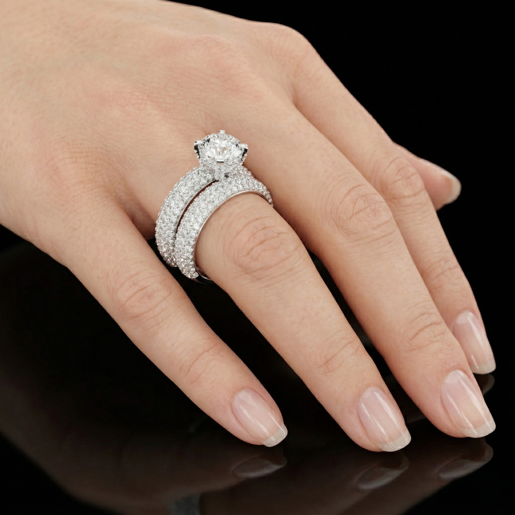 Round Cut Three Row Pave Set Moissanite Double Band Bridal Ring Set in Sterling Silver