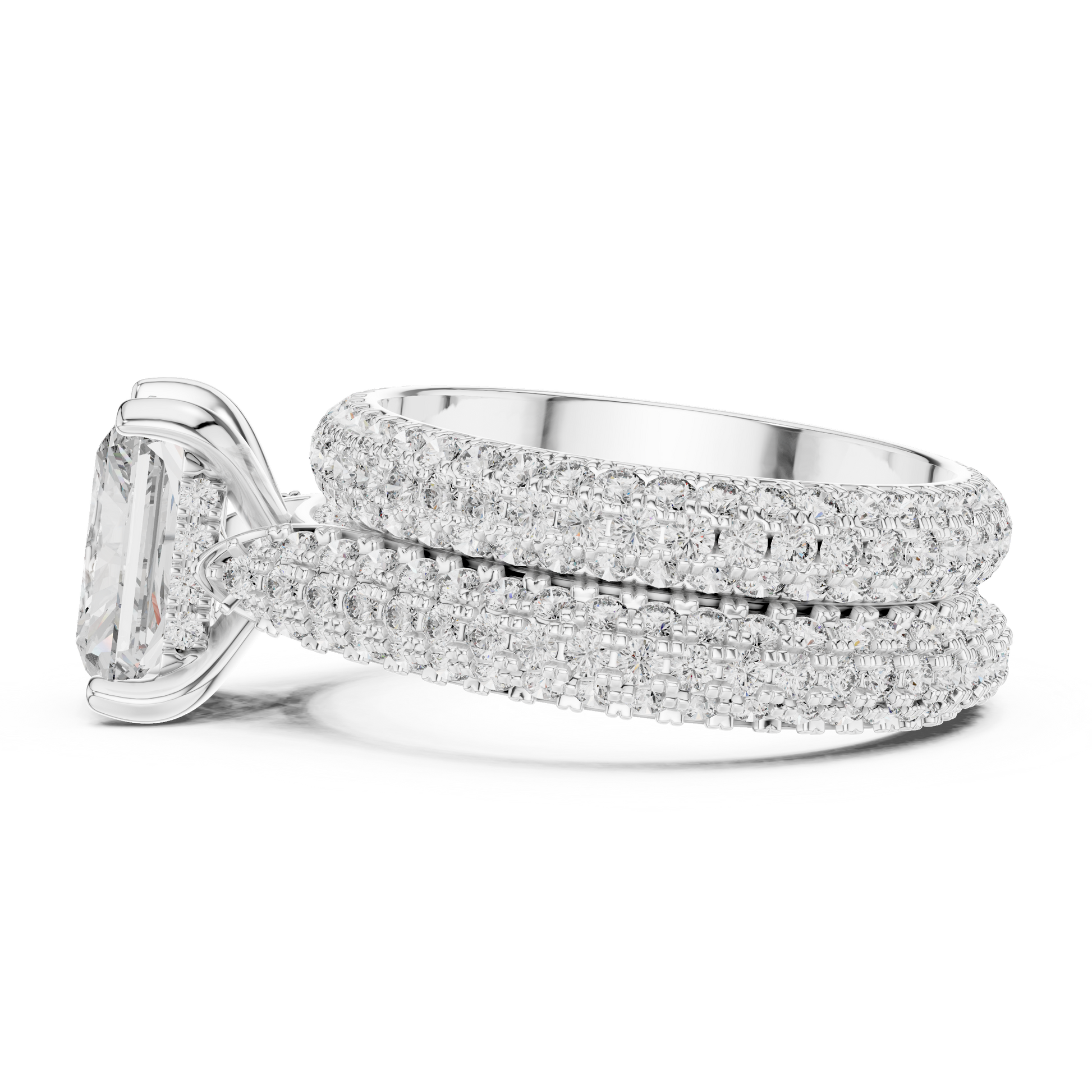 Central Radiant Cut Moissanite Ring with Pave Set Stackable Bridal Wedding Band