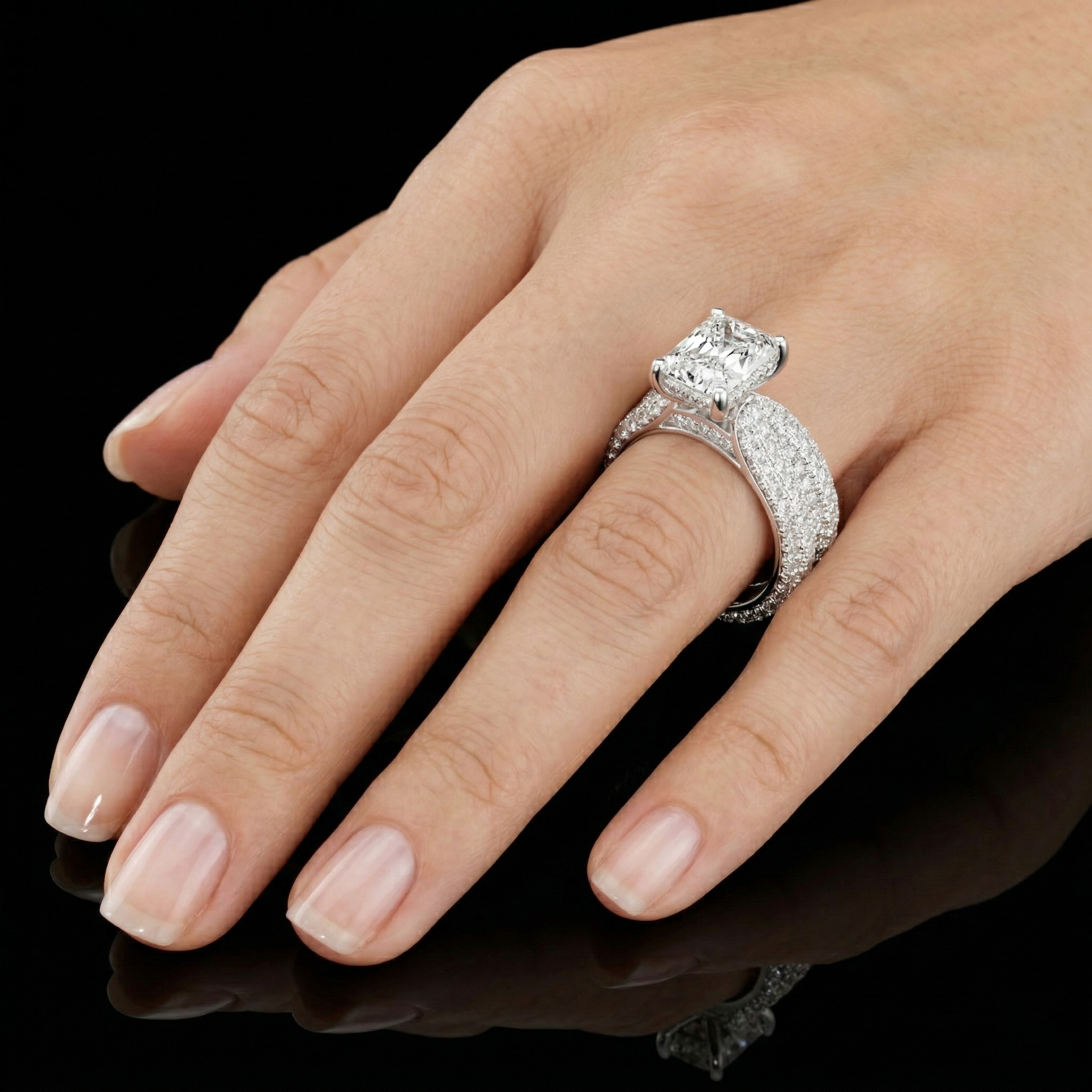 Central Radiant Cut Moissanite Ring with Pave Set Stackable Bridal Wedding Band