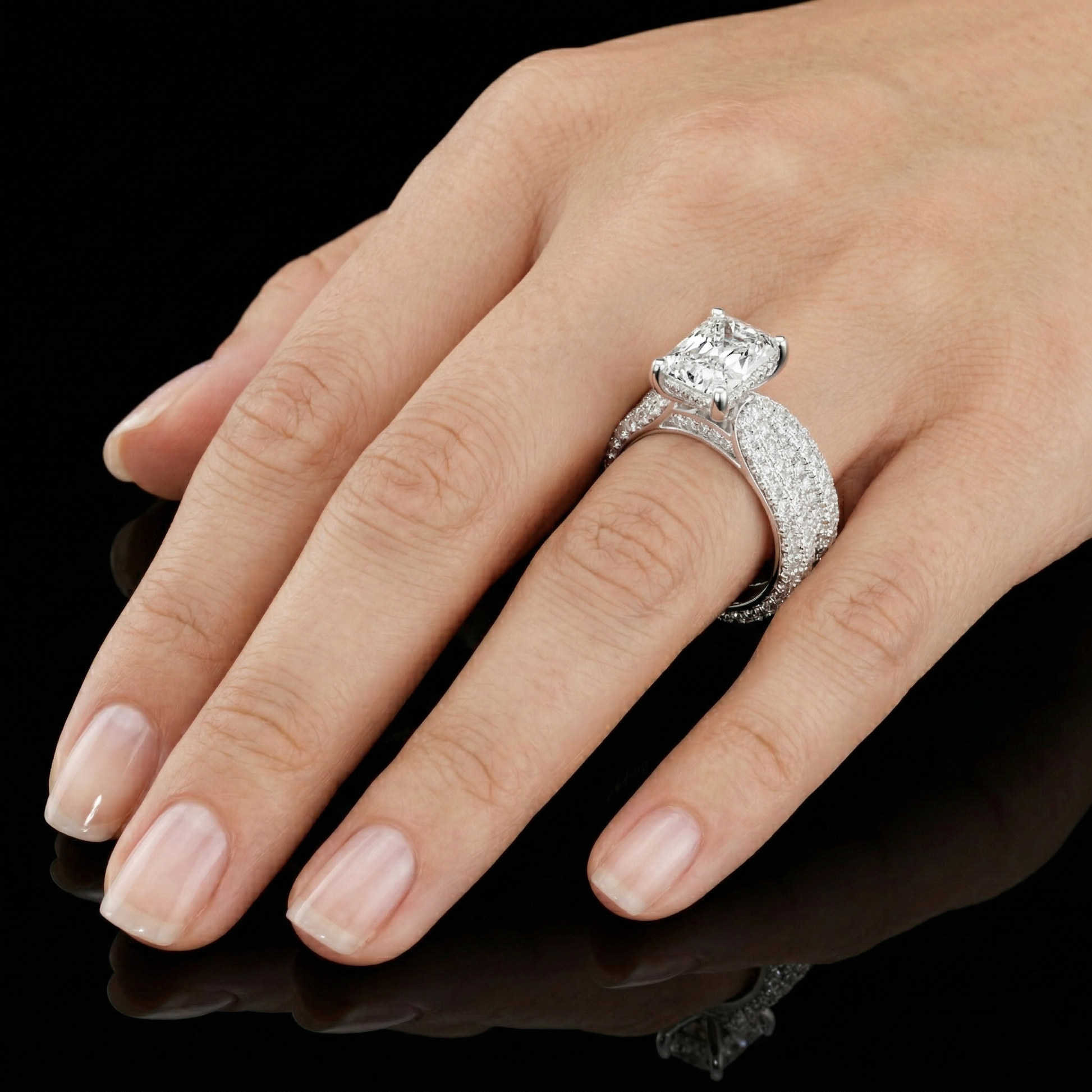 Central Radiant Cut Moissanite Ring with Pave Set Stackable Bridal Wedding Band