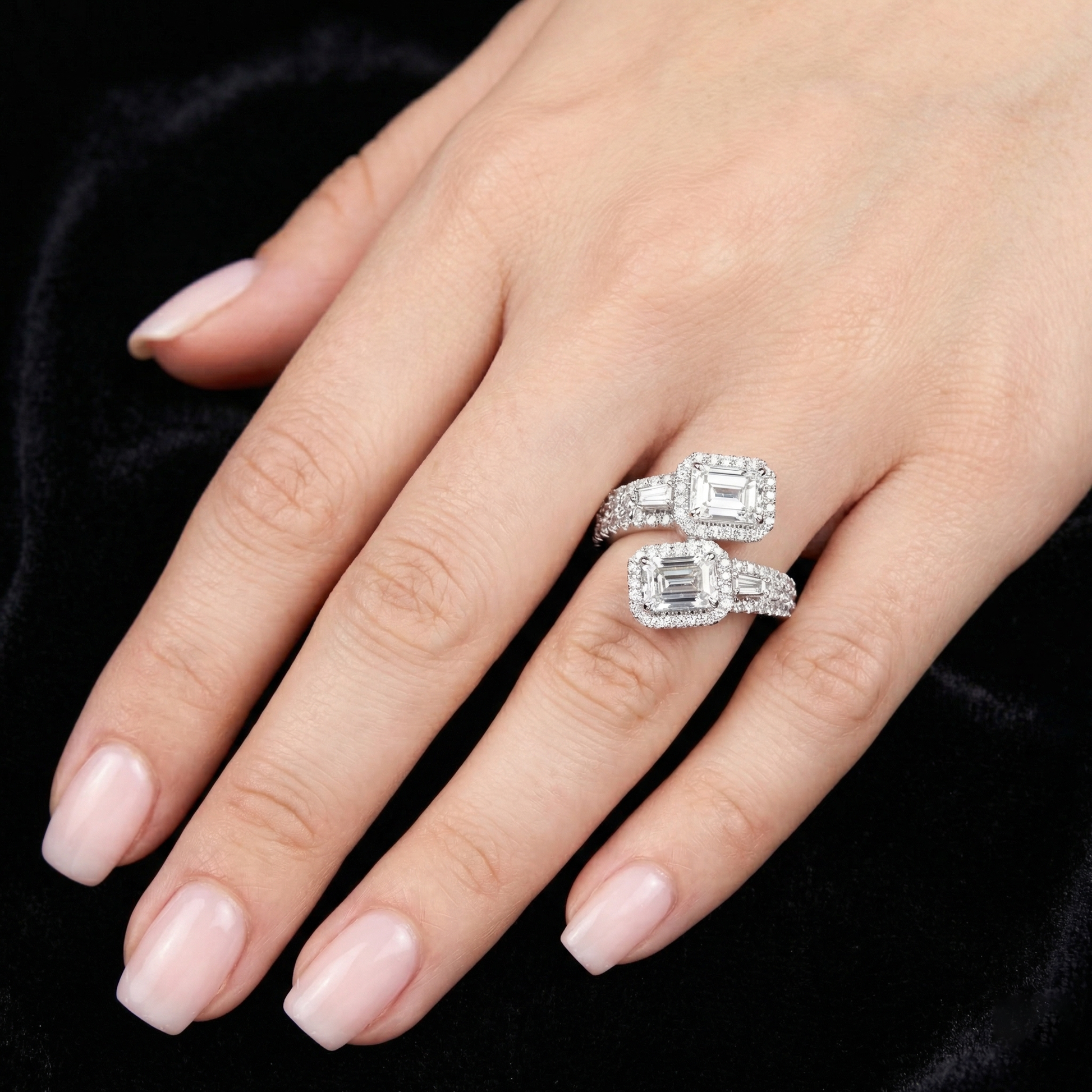 Emerald Cut Split Shank Cocktail Halo Diamond Engagement Ring for Women