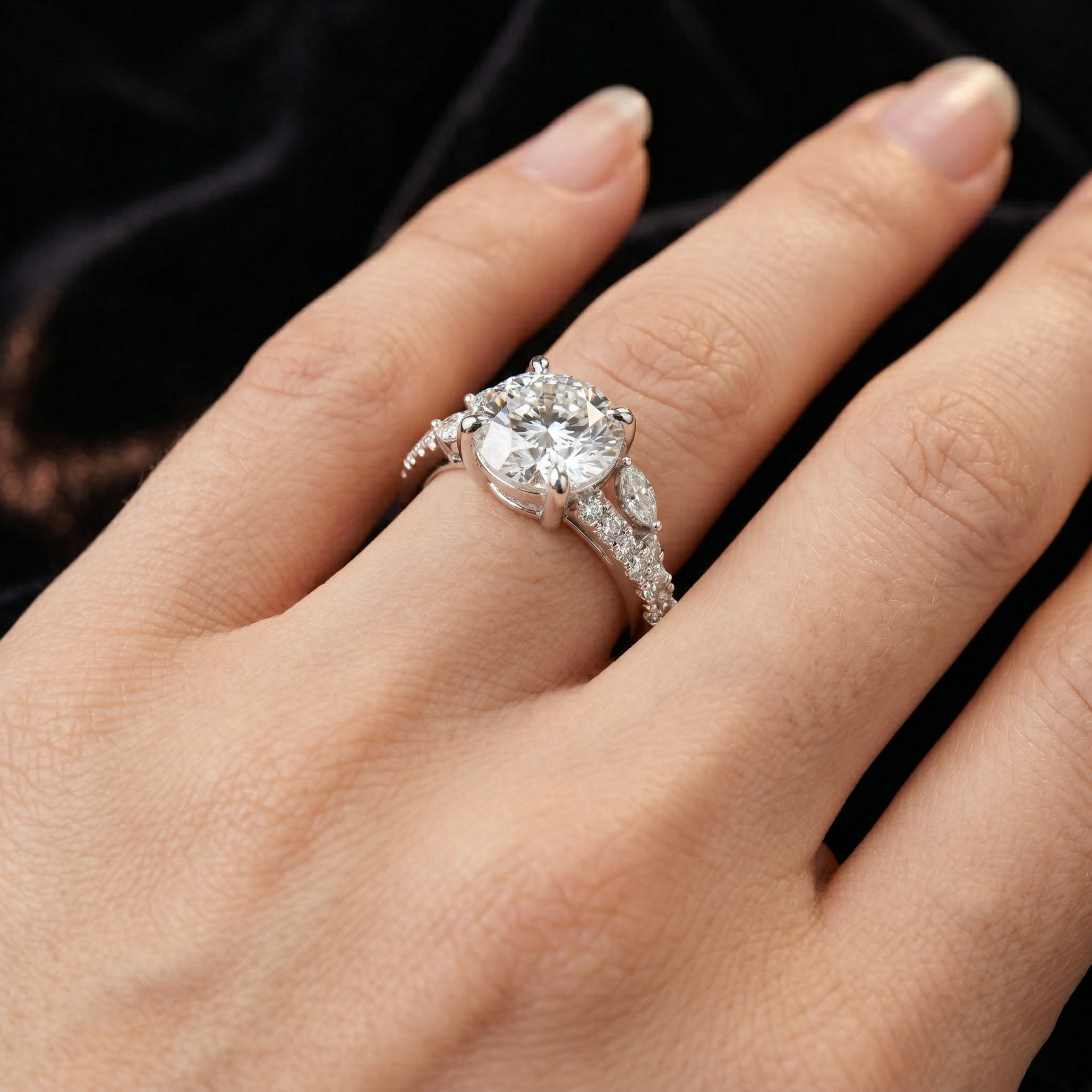 Round Moissanite Solitaire with Accent Stones Engagement Ring for Women