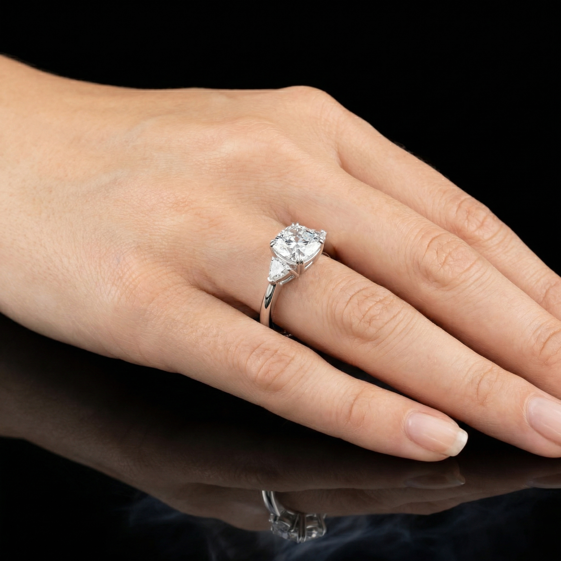 Modern Cushion Cut Moissanite with Trillion-cut Three-stone Engagement Ring