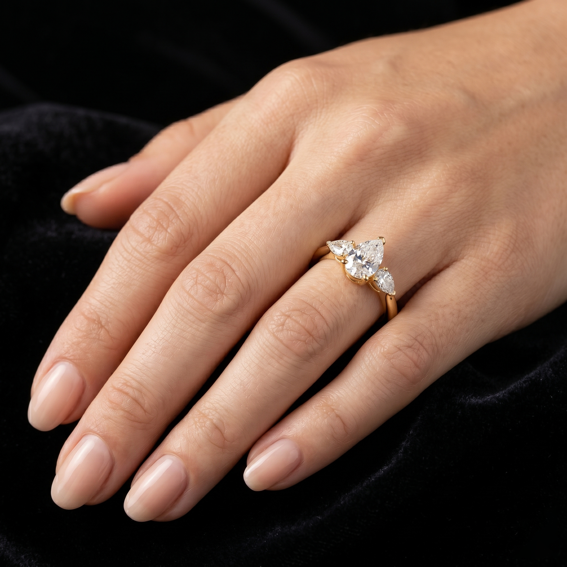 1.53 TCW 14k Yellow Gold Pear Cut Lab Grown Trilogy Engagement Ring for Women