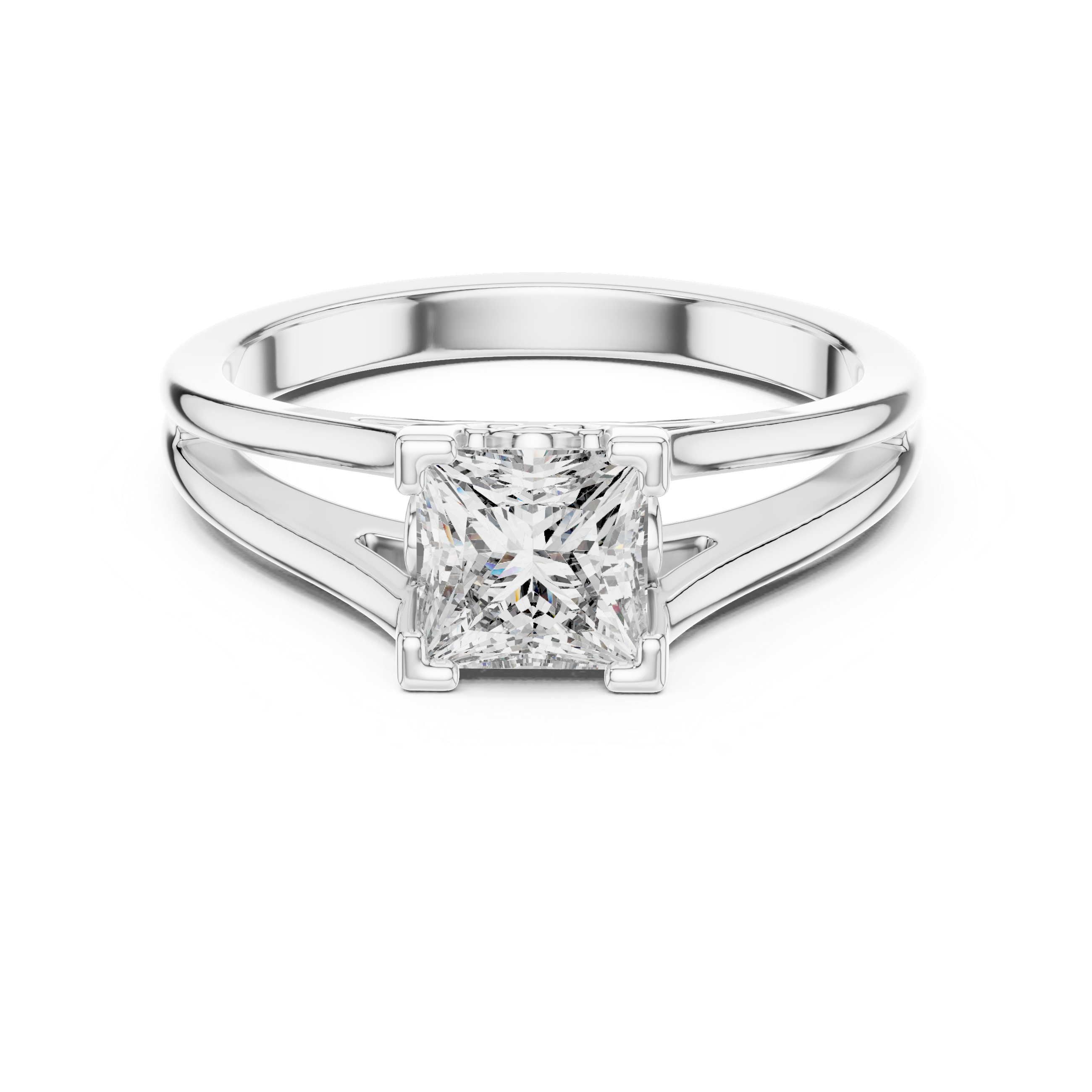 Sterling Silver Princess Cut Moissanite Solitaire Cathedral Split-shank Ring