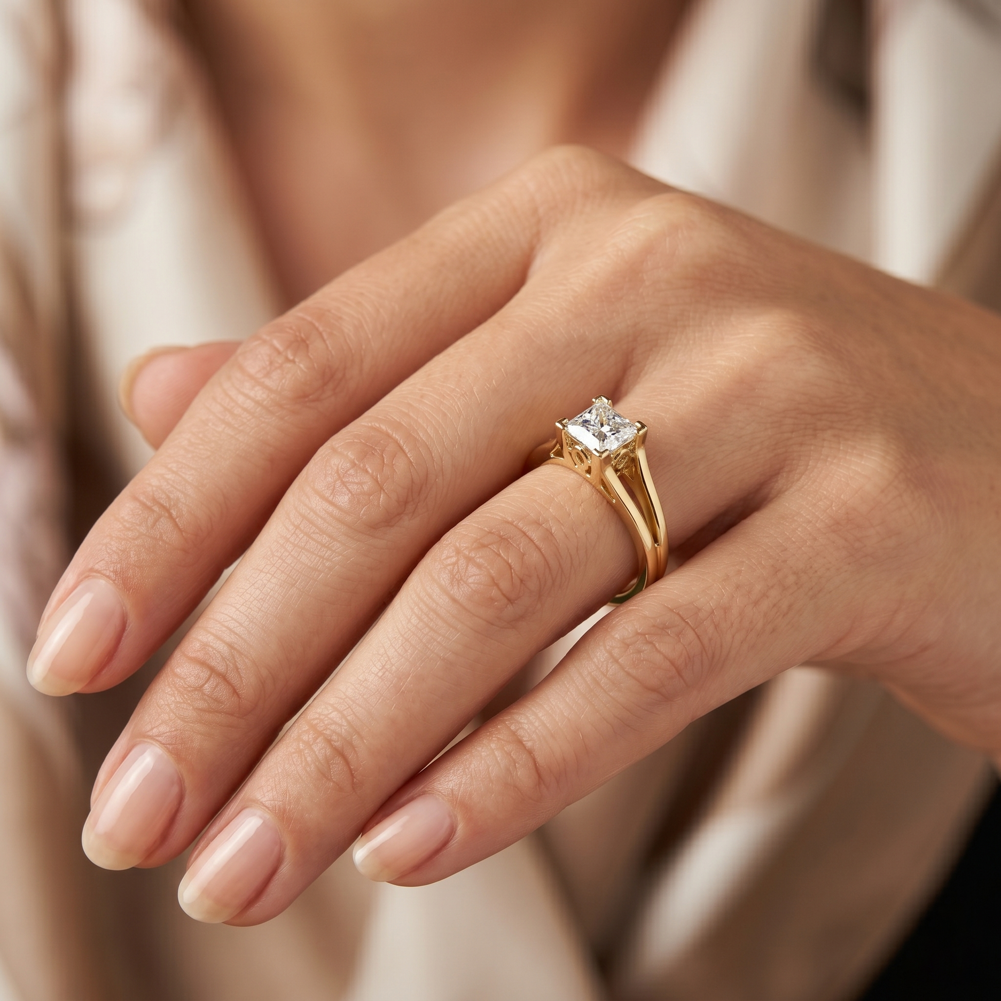 1.04 TCW 10k Yellow Gold Princess Cut Lab Grown Solitaire Cathedral Split-shank Ring
