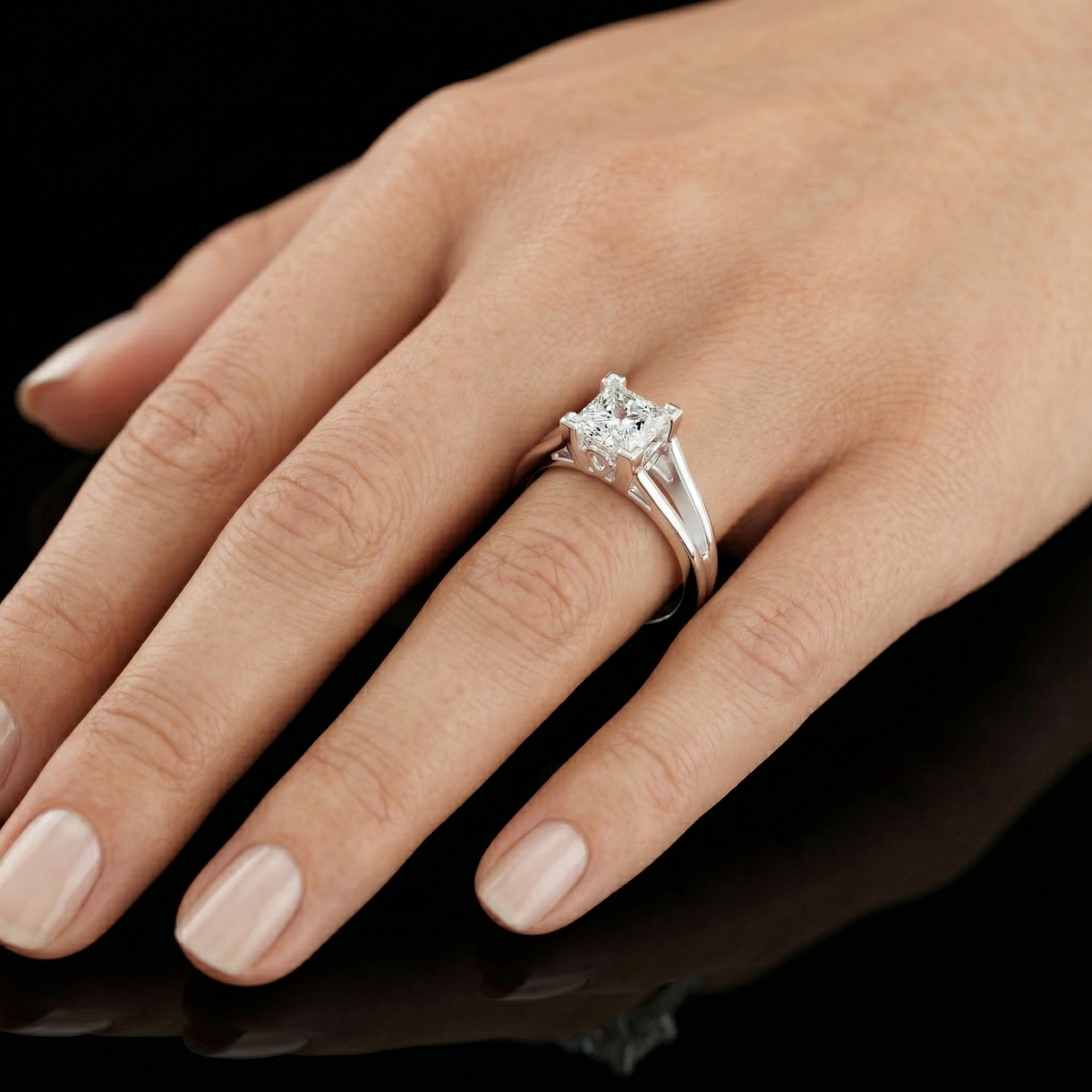 Sterling Silver Princess Cut Moissanite Solitaire Cathedral Split-shank Ring