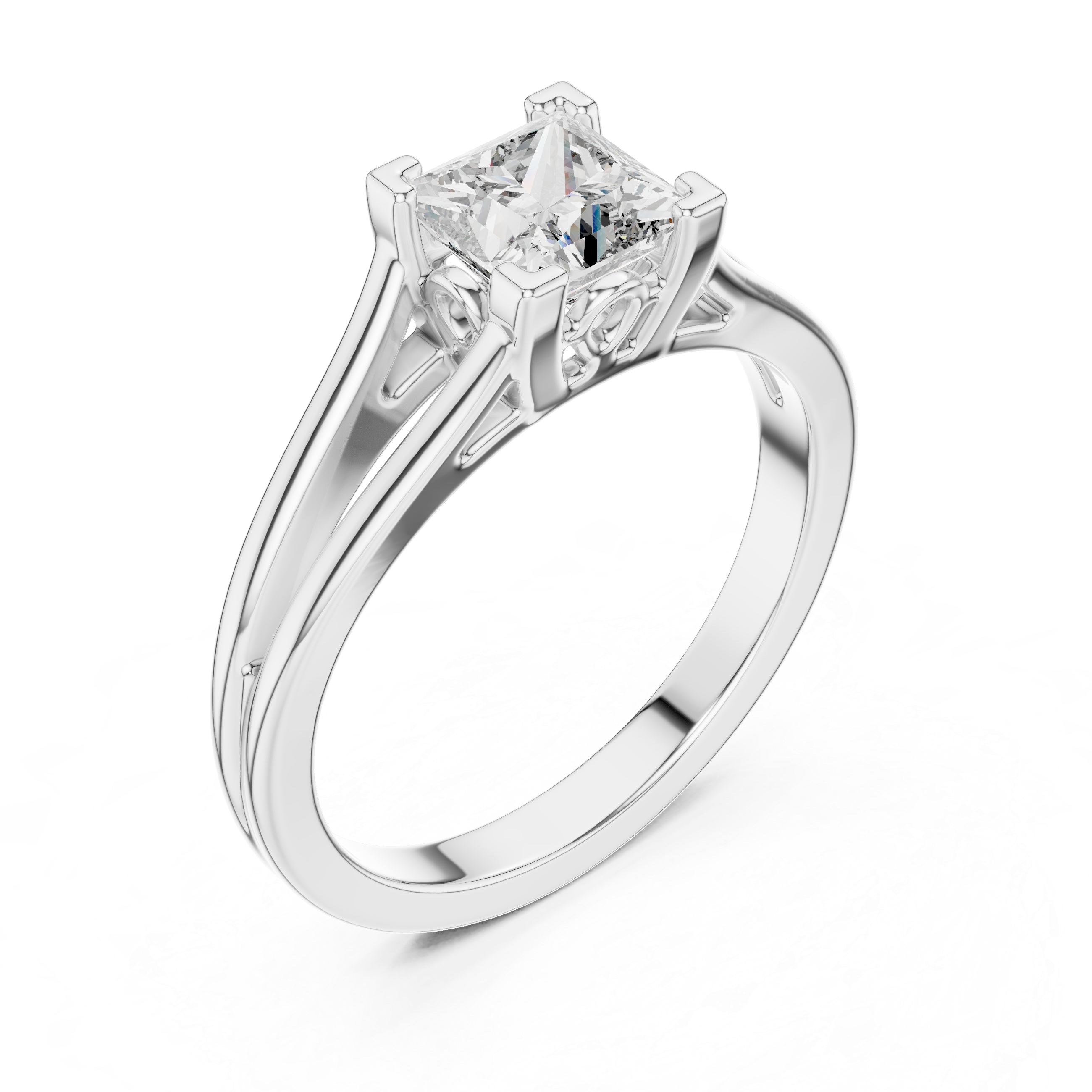 Sterling Silver Princess Cut Moissanite Solitaire Cathedral Split-shank Ring