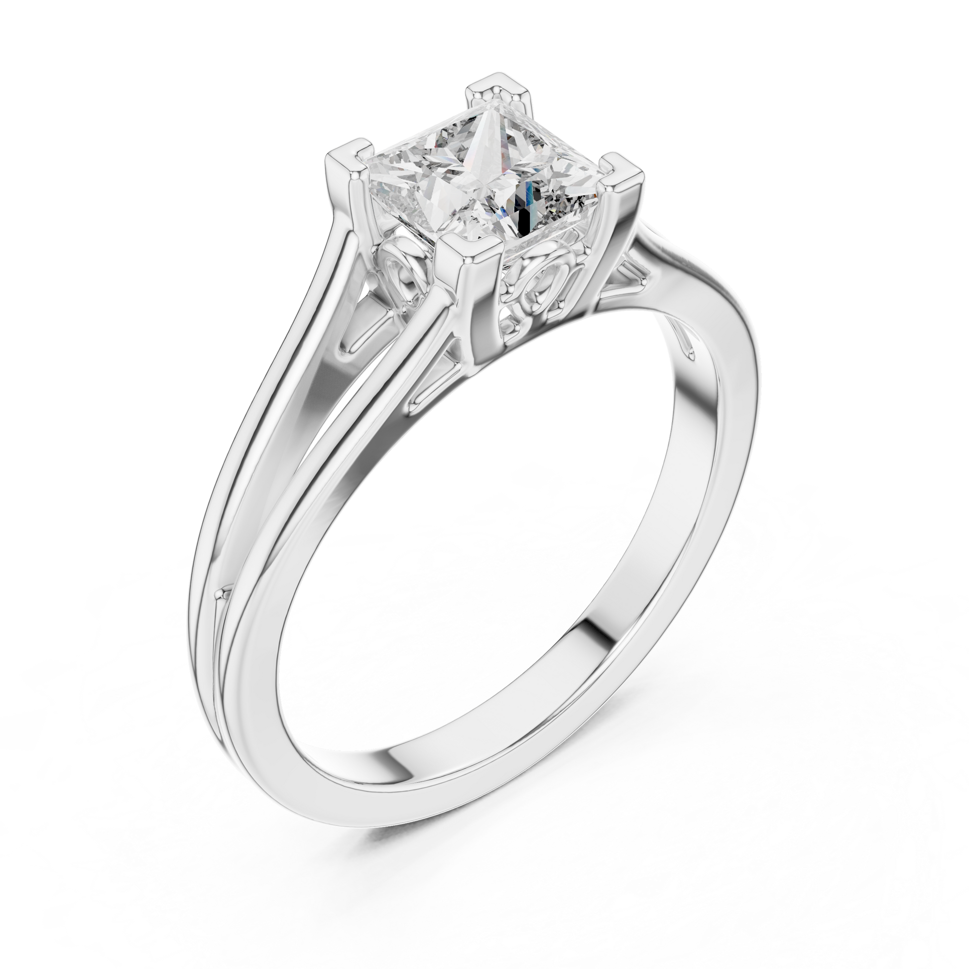 Sterling Silver Princess Cut Moissanite Solitaire Cathedral Split-shank Ring