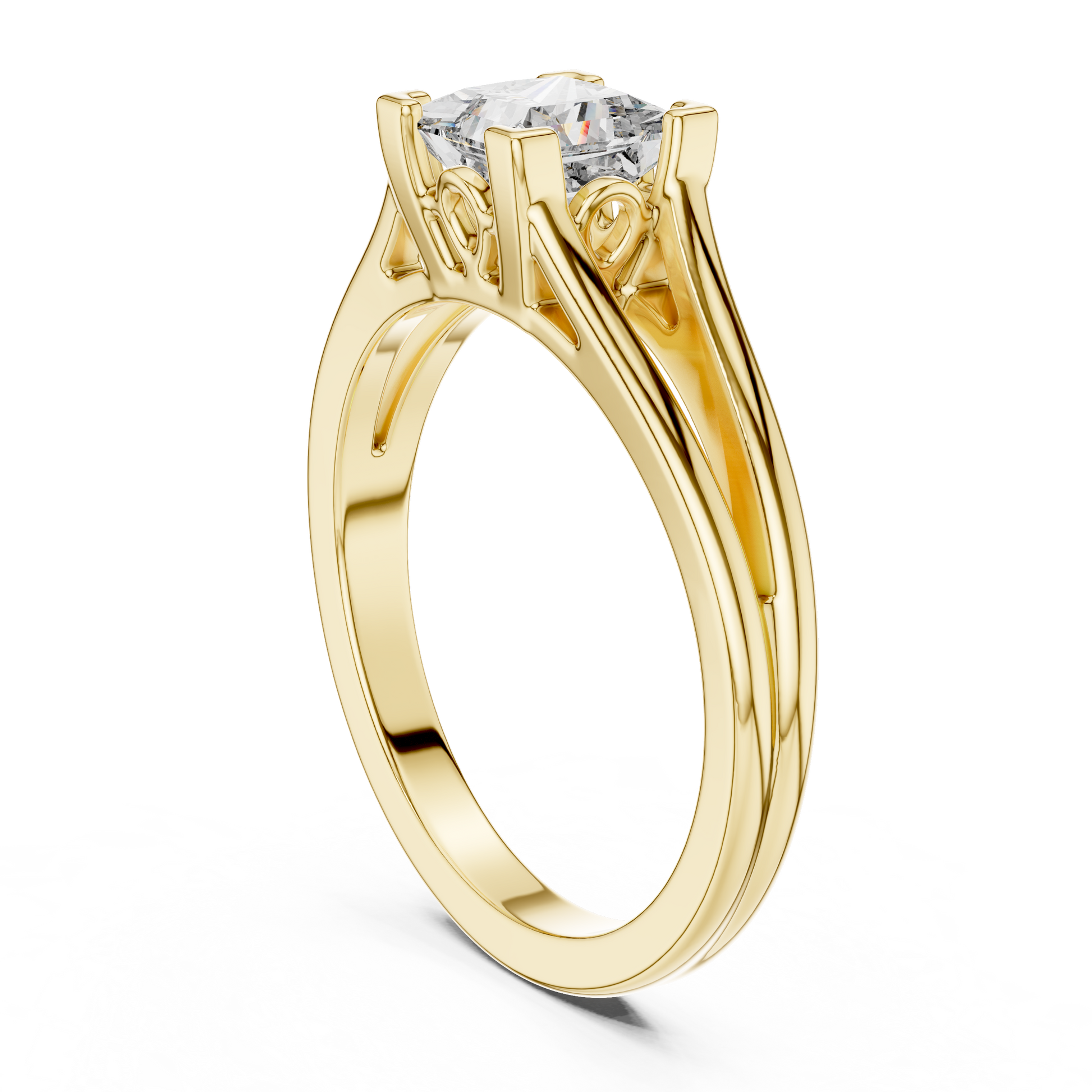 10k Yellow Gold Princess Cut Lab Grown Solitaire Cathedral Split-shank Ring