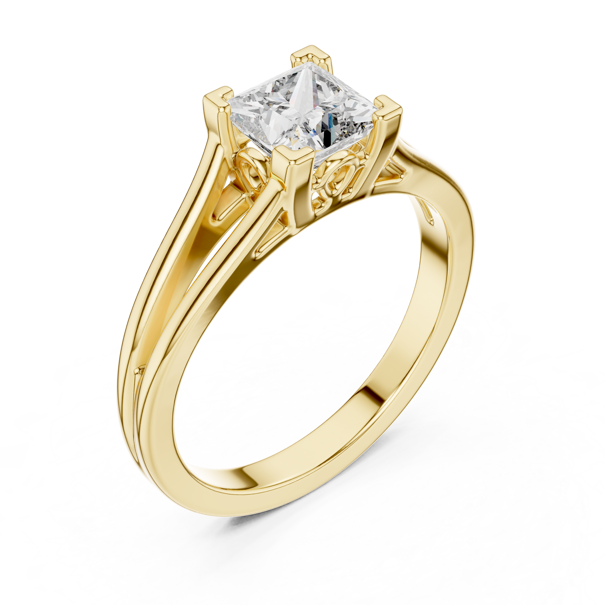 10k Yellow Gold Princess Cut Lab Grown Solitaire Cathedral Split-shank Ring