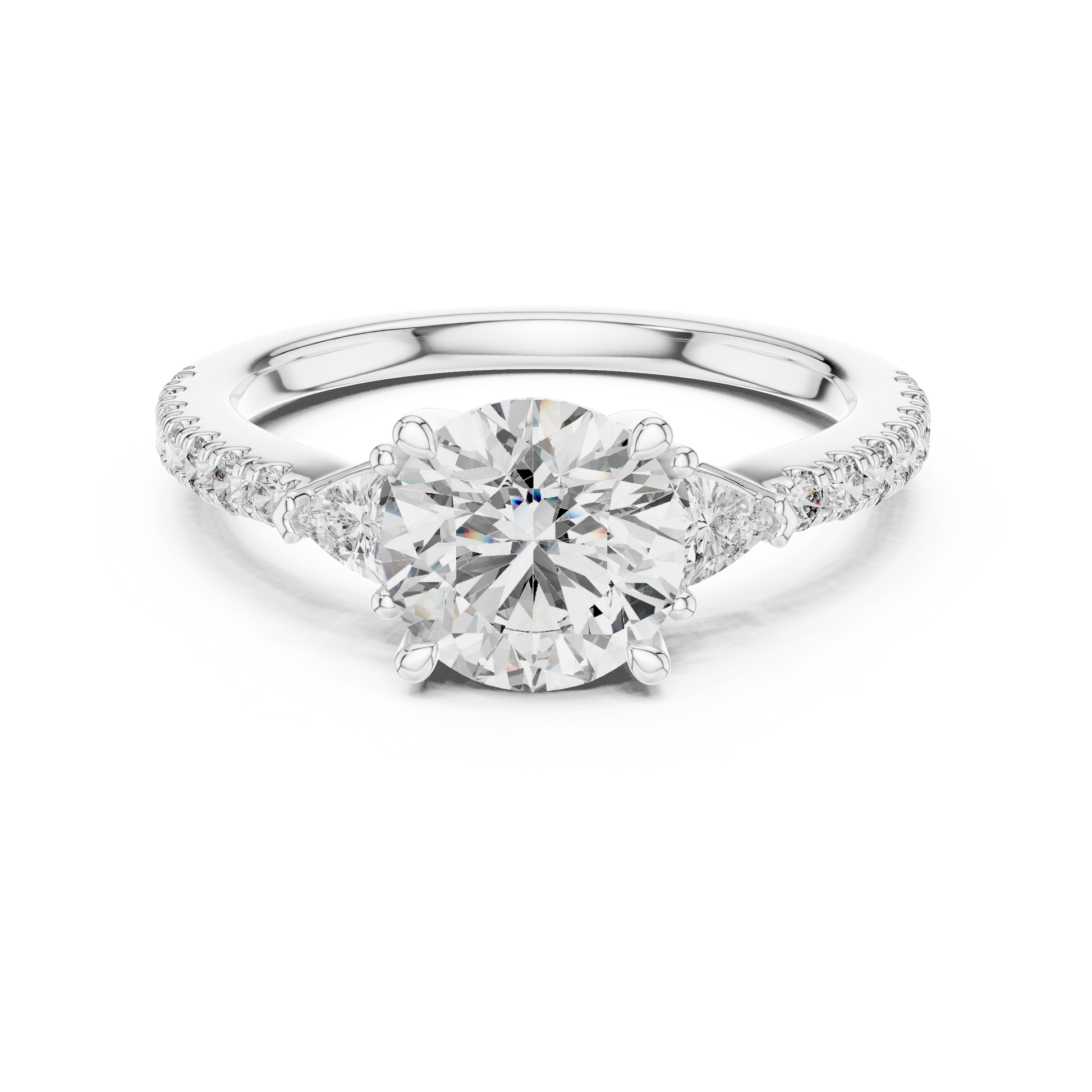 Three-stone Round Cut Center Moissanite with Triangular Side Stones Engagement Ring