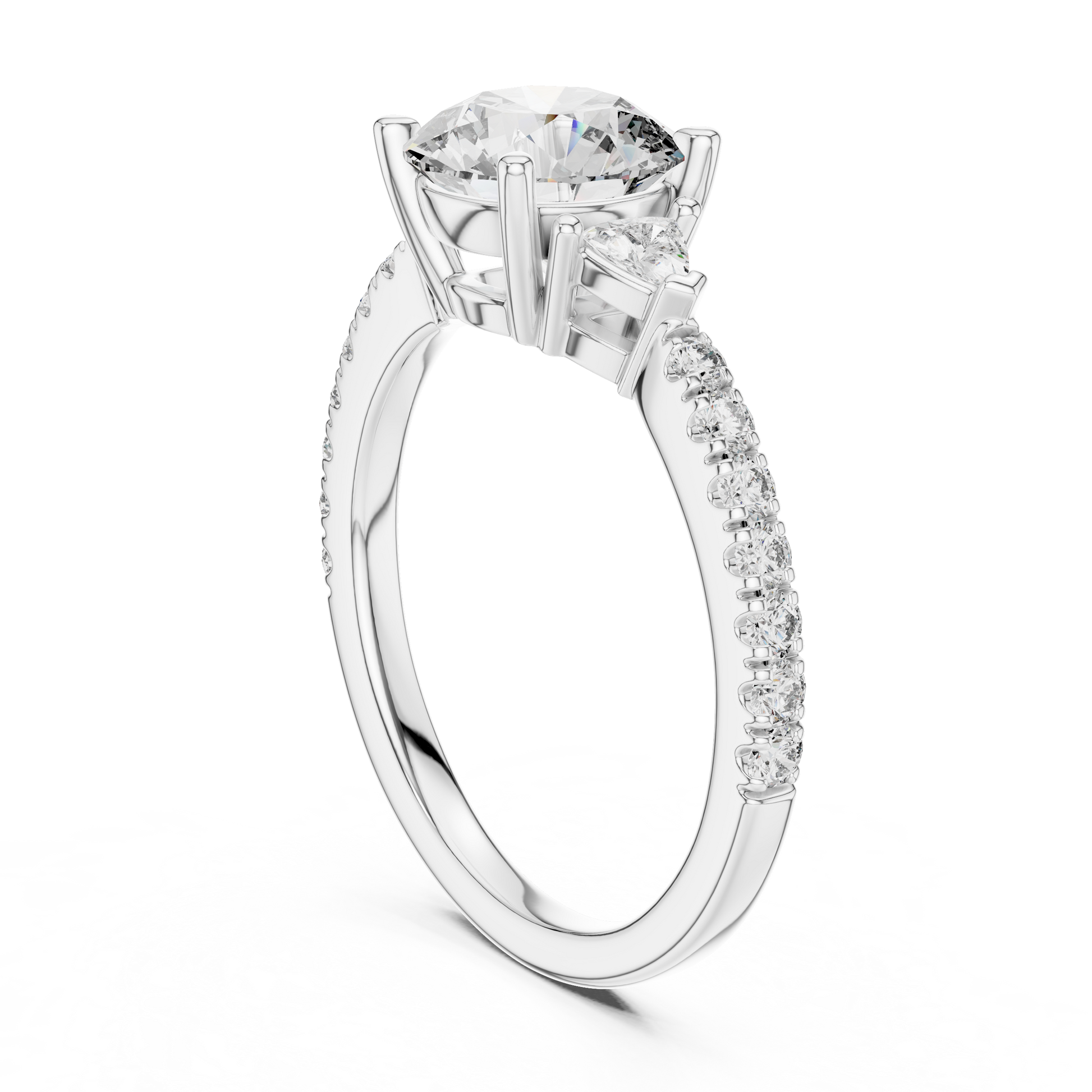 Three-stone Round Cut Center Moissanite with Triangular Side Stones Engagement Ring