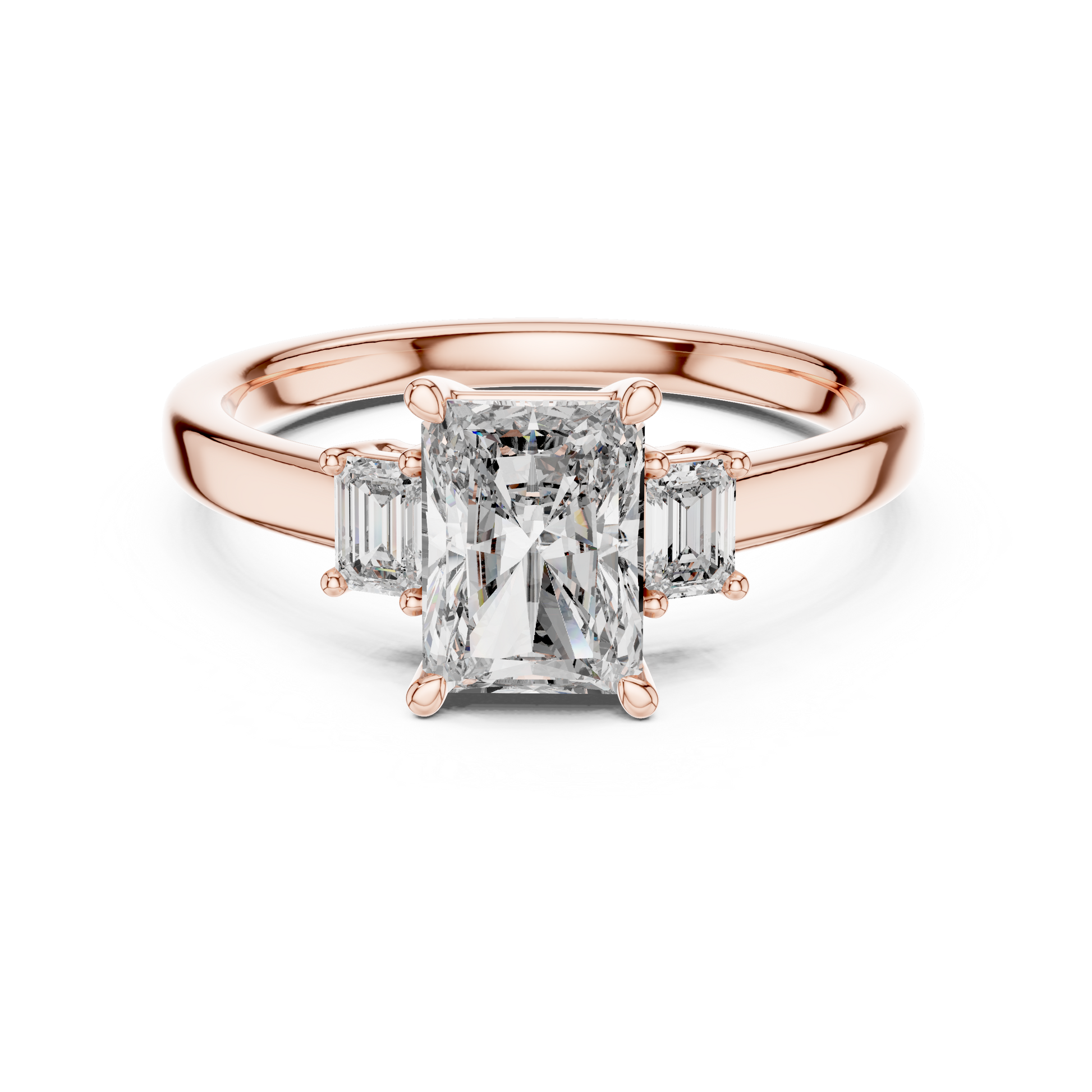 Radiant and Emerald Cut Three-stone Lab Grown Trilogy Engagement Ring in Solid Rose Gold