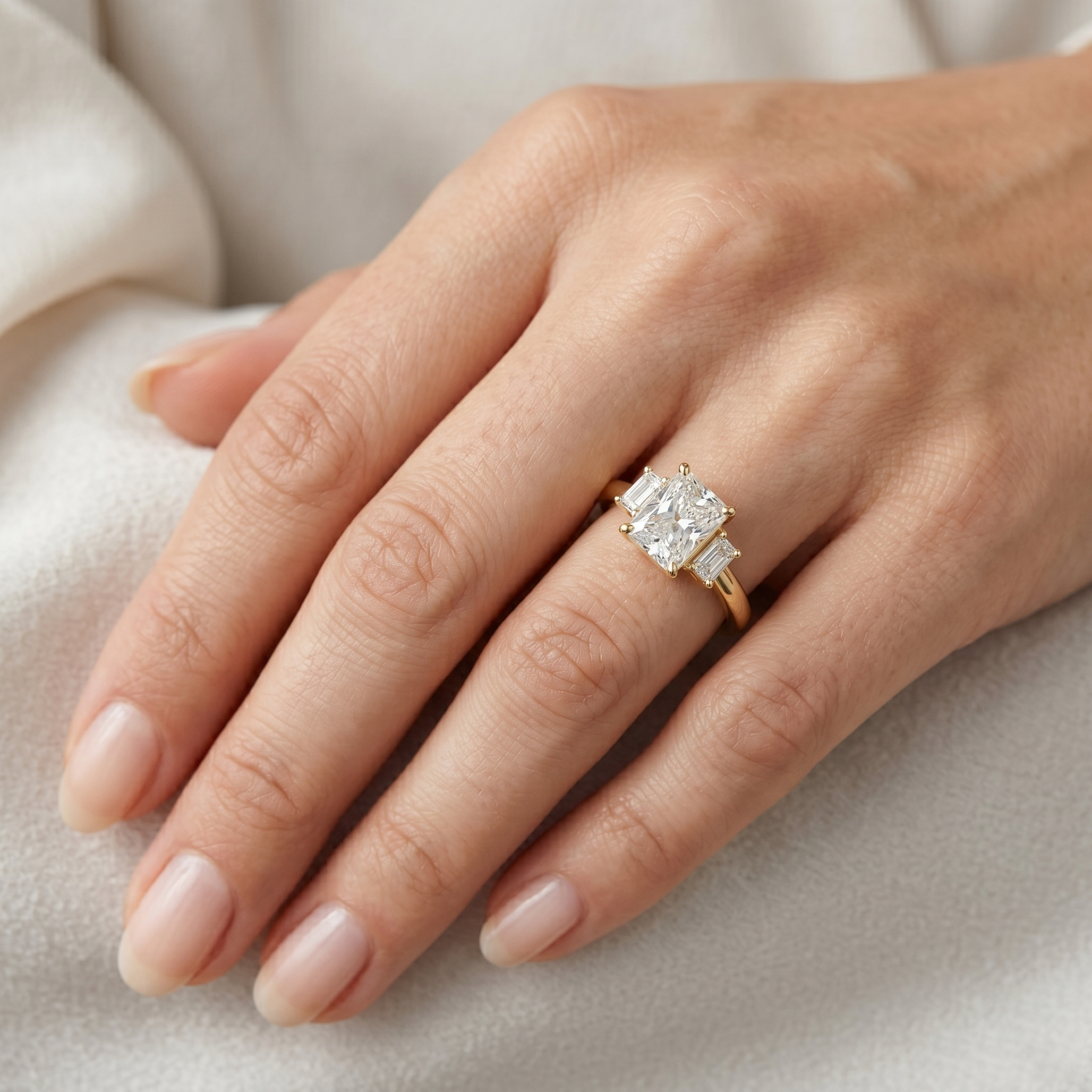 1.70 TCW Radiant and Emerald Cut Three-stone Lab Grown Trilogy Engagement Ring in Solid Rose Gold