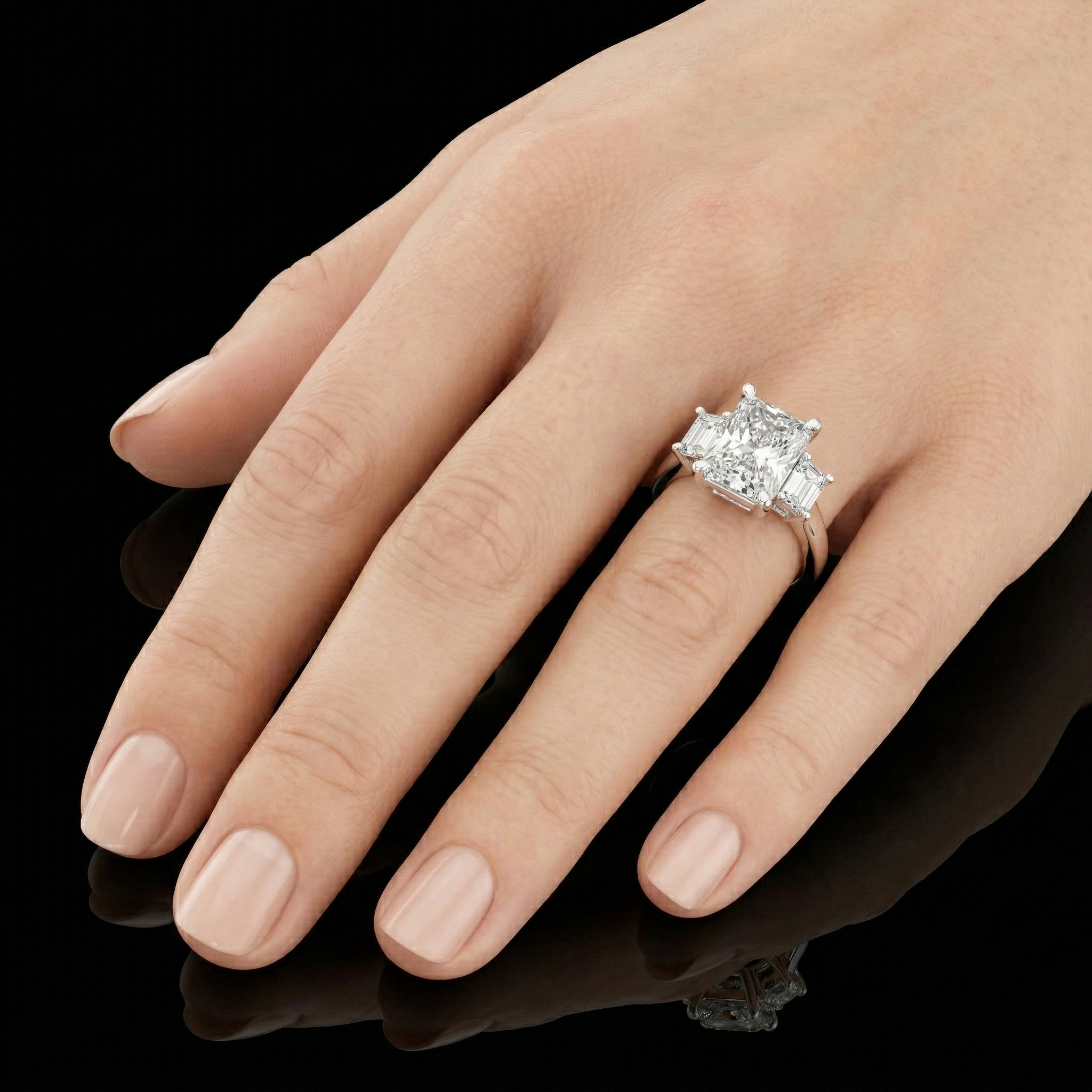 Radiant and Emerald Cut Three-stone Moissanite Trilogy Engagement Ring in Sterling Silver