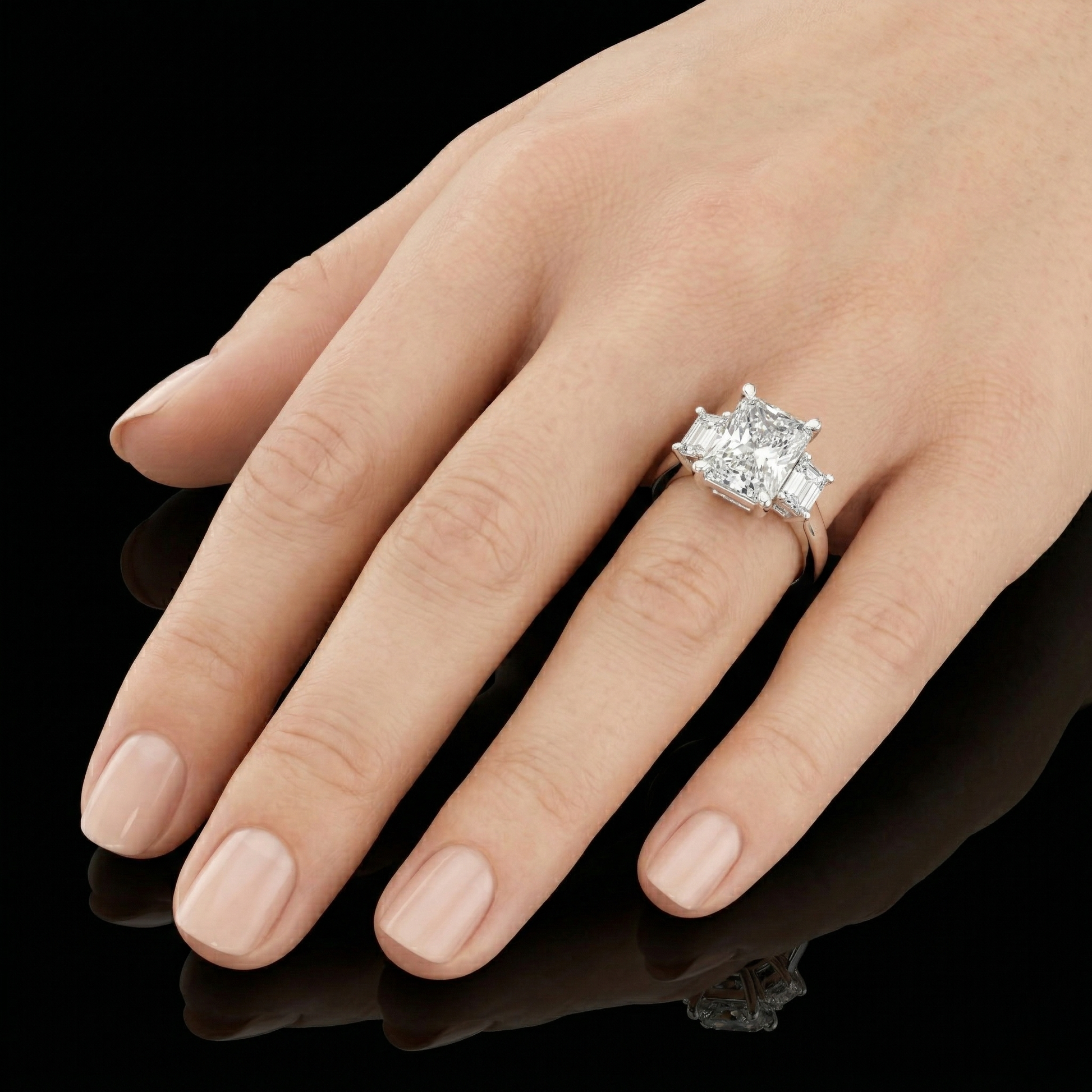 Radiant and Emerald Cut Three-stone Moissanite Trilogy Engagement Ring in Sterling Silver