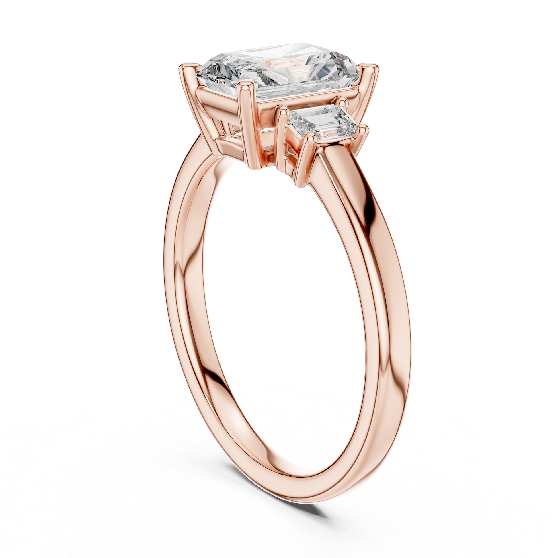 Radiant and Emerald Cut Three-stone Lab Grown Trilogy Engagement Ring in Solid Rose Gold