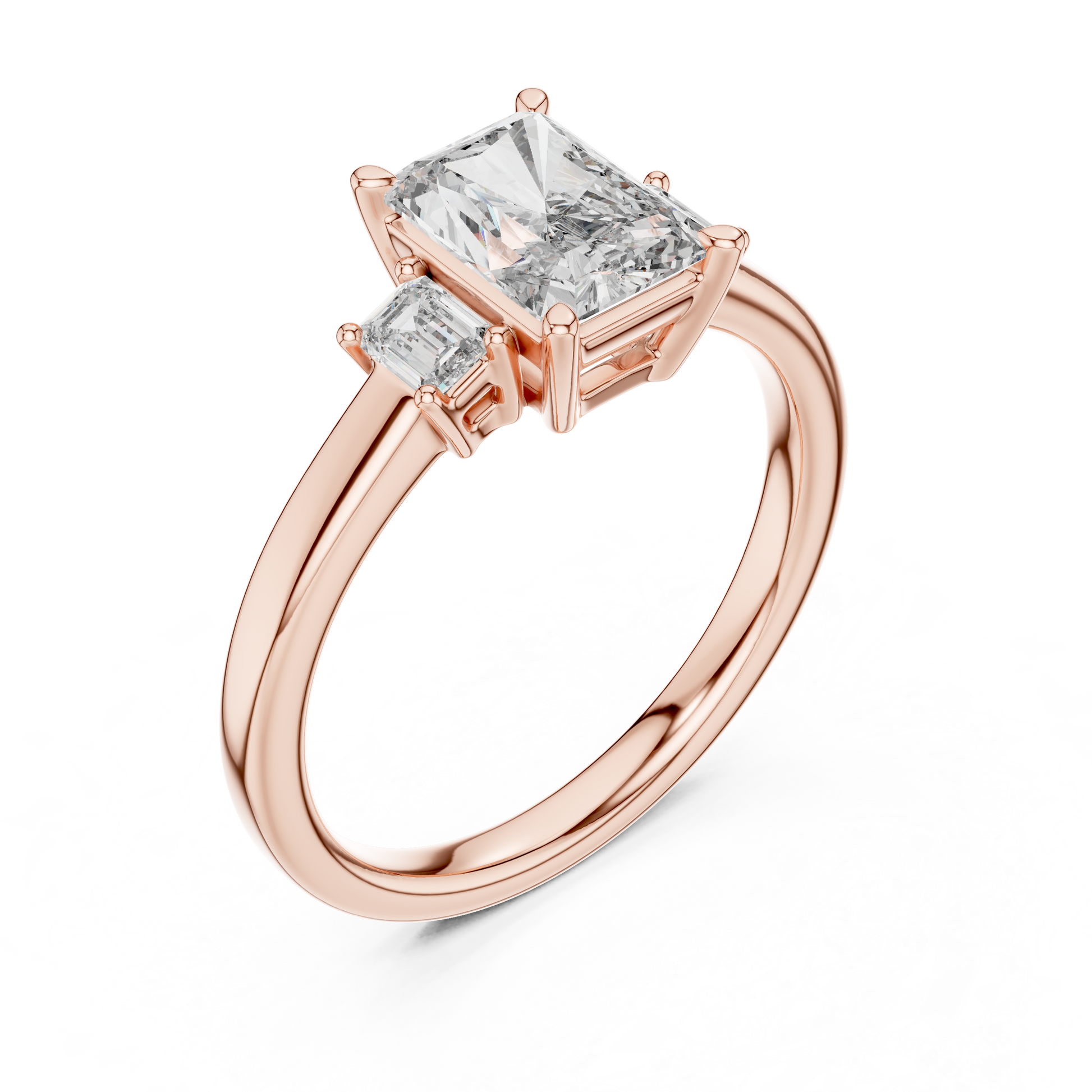Radiant and Emerald Cut Three-stone Lab Grown Trilogy Engagement Ring in Solid Rose Gold