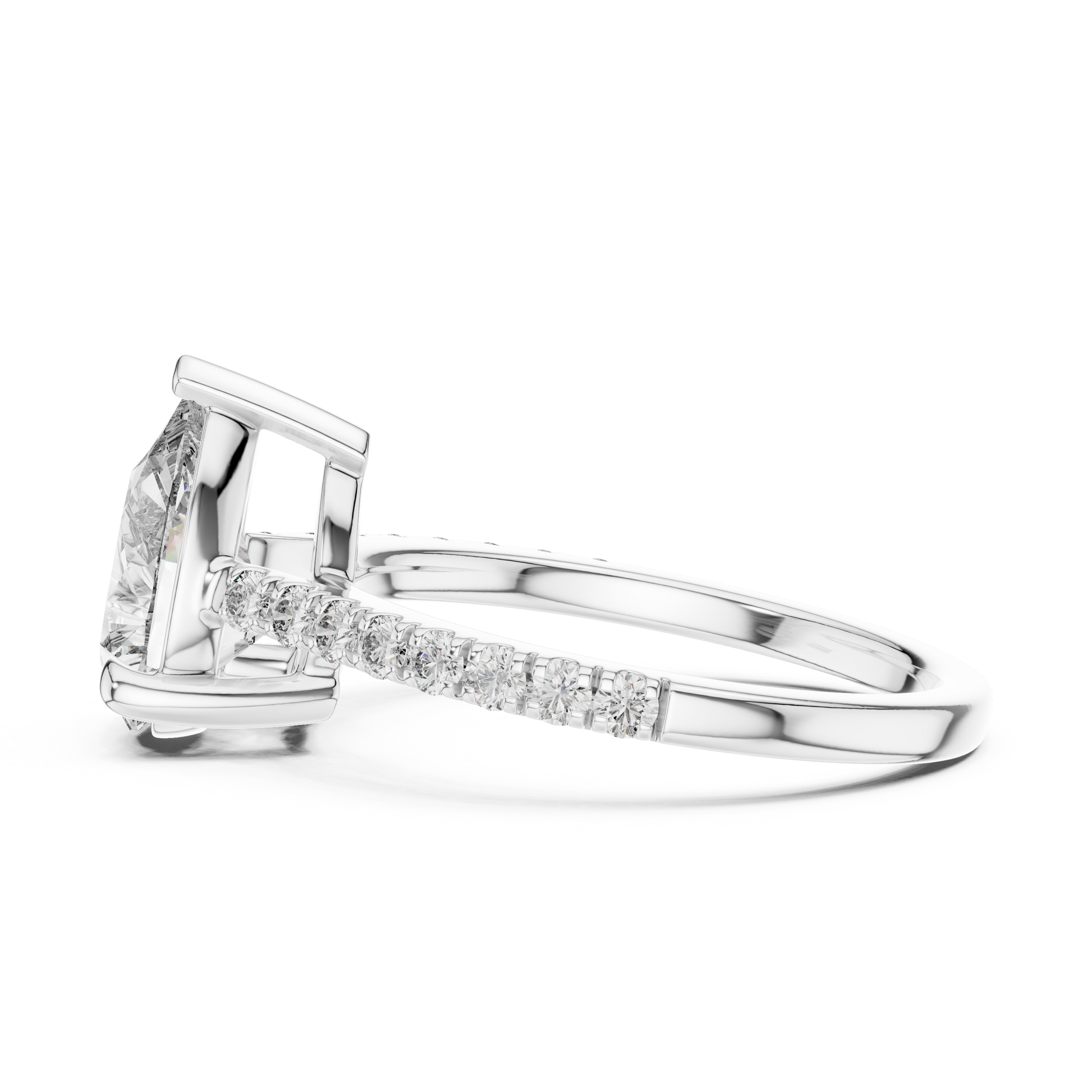 Pear-shaped Solitaire Moissanite Engagement Ring Featuring a Delicate Pave Band