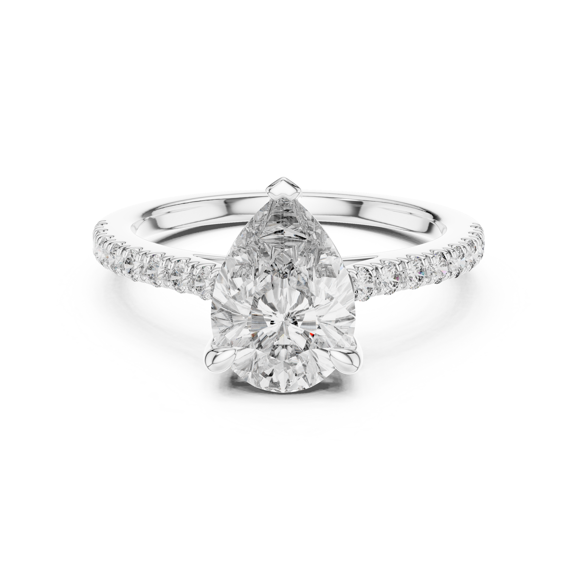 Pear-shaped Solitaire Moissanite Engagement Ring Featuring a Delicate Pave Band