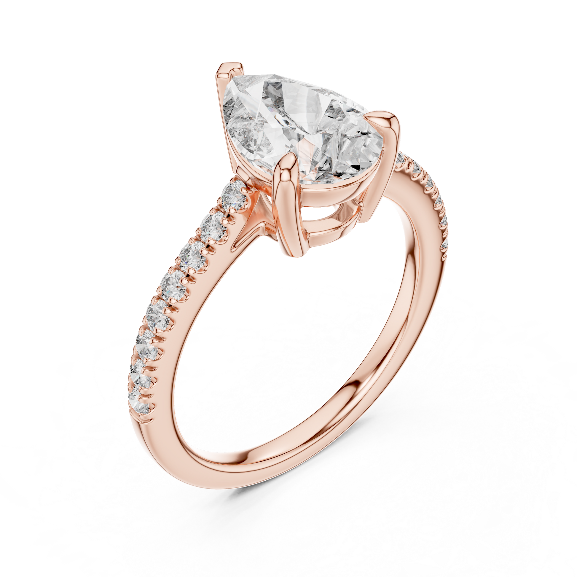 Pear-shaped Solitaire Lab Grown Engagement Ring Featuring a Delicate Pave Band