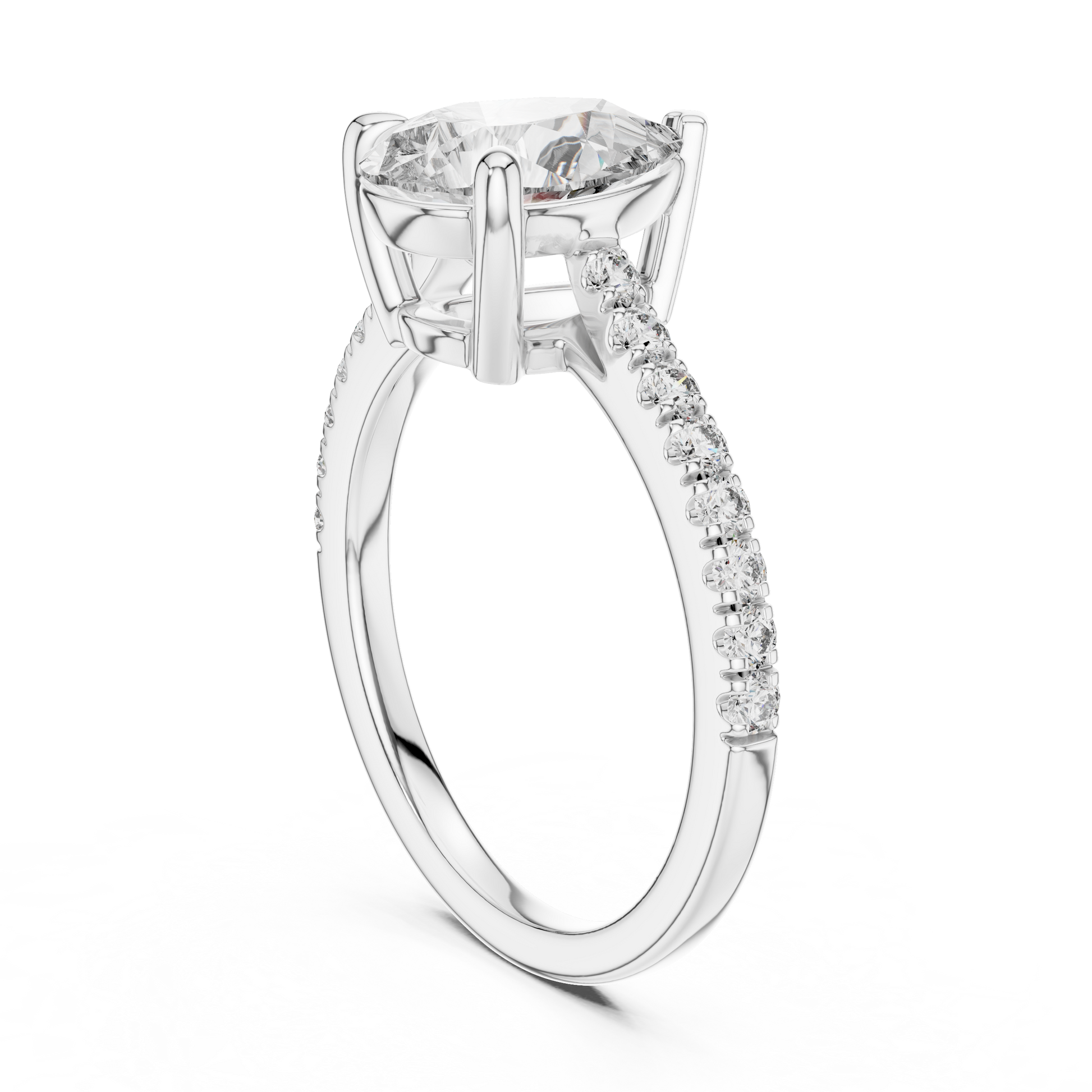 Pear-shaped Solitaire Lab Grown Engagement Ring Featuring a Delicate Pave Band