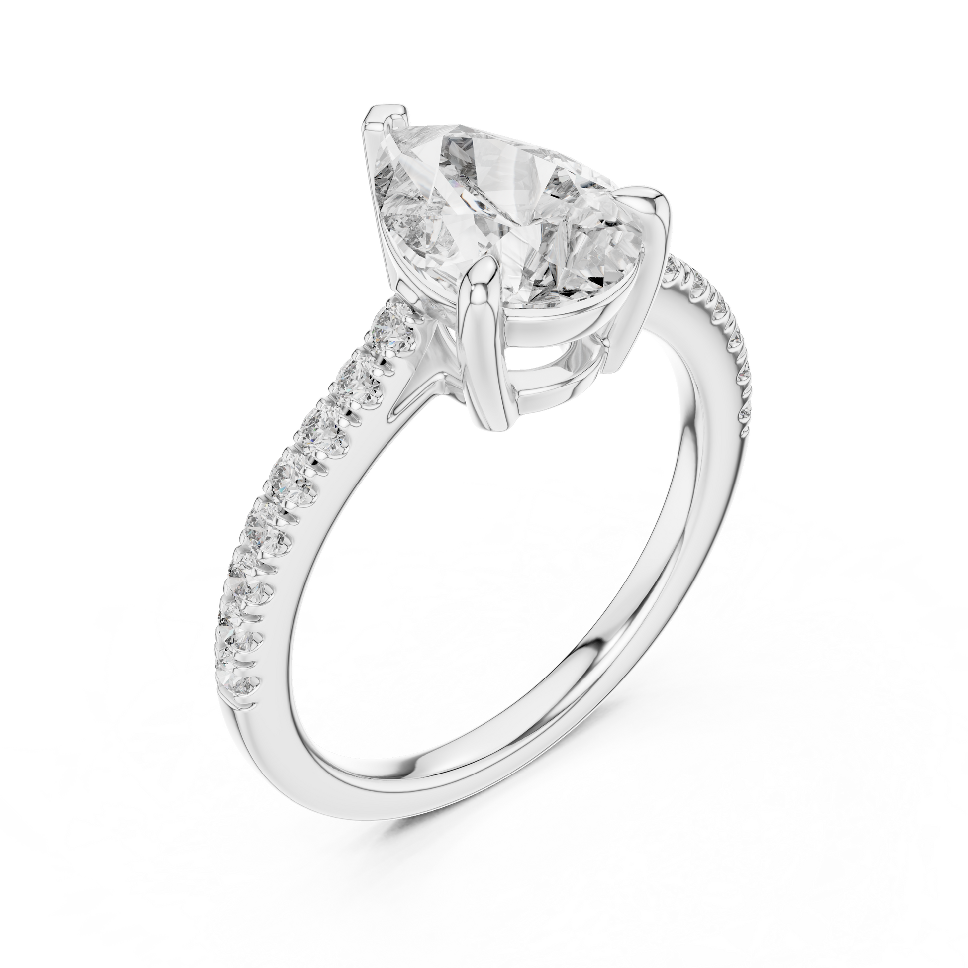 Pear-shaped Solitaire Lab Grown Engagement Ring Featuring a Delicate Pave Band