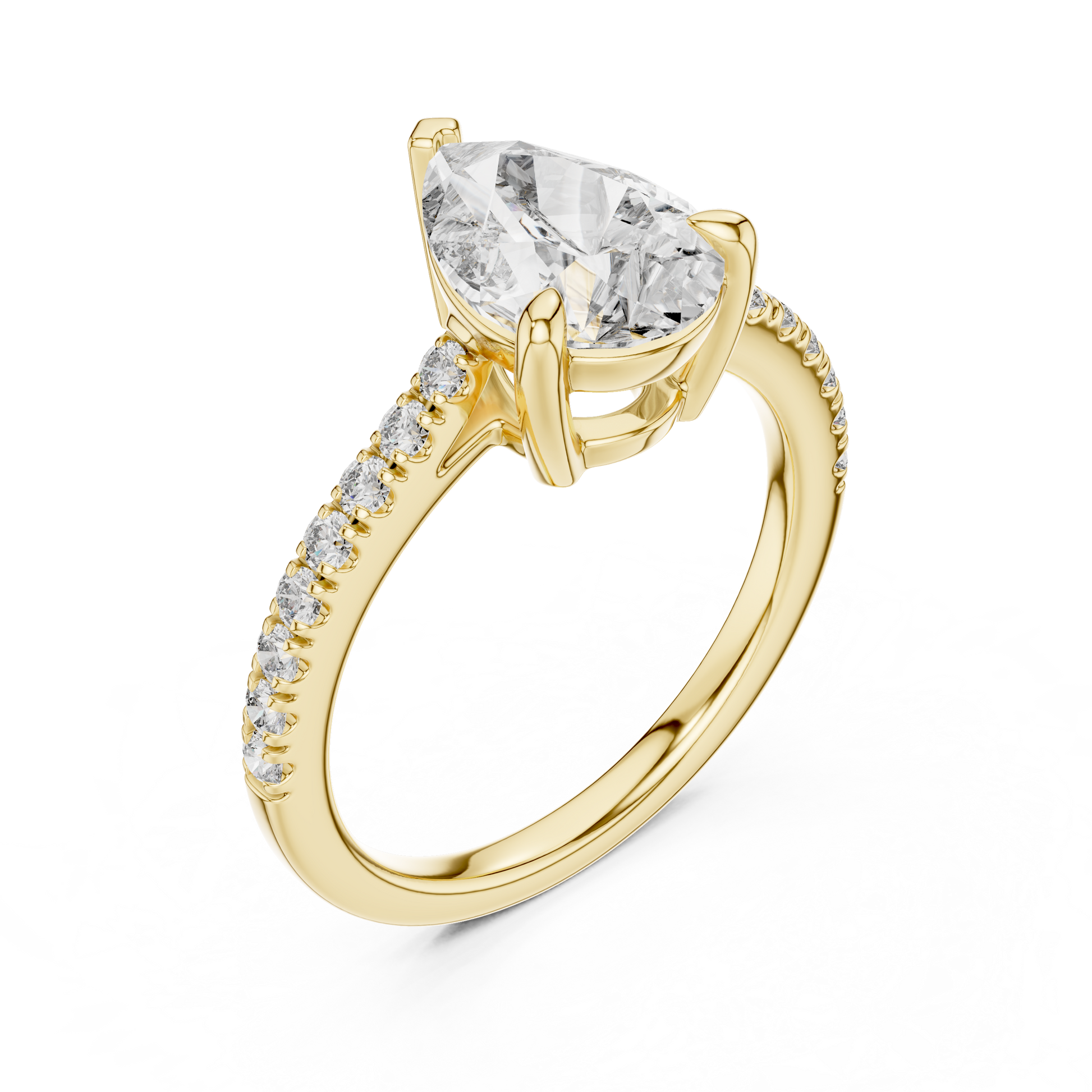 Pear-shaped Solitaire Lab Grown Engagement Ring Featuring a Delicate Pave Band