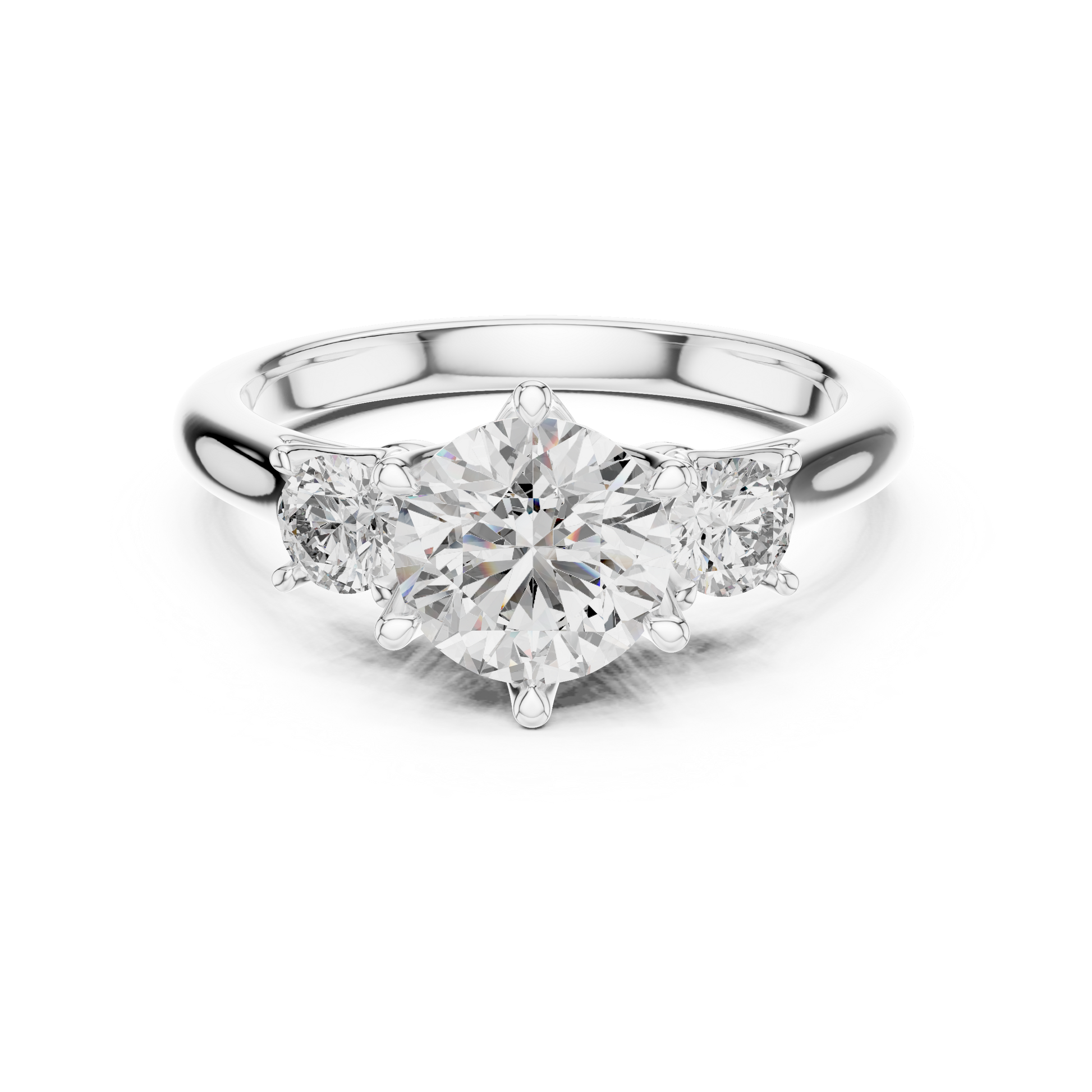 Silver Three-stone Round-cut Center Moissanite with Smaller Round Side Stones Engagement Ring