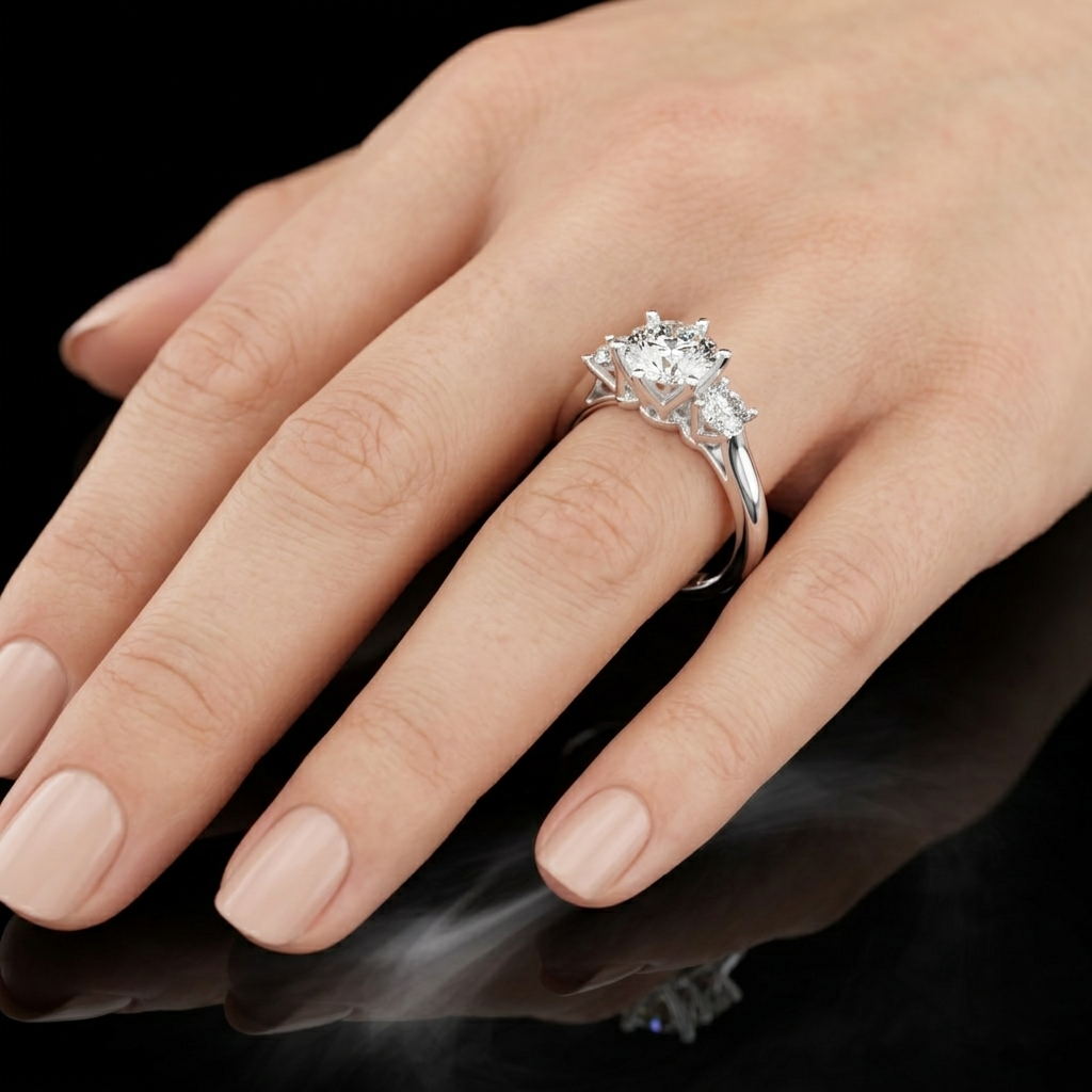 Silver Three-stone Round-cut Center Moissanite with Smaller Round Side Stones Engagement Ring