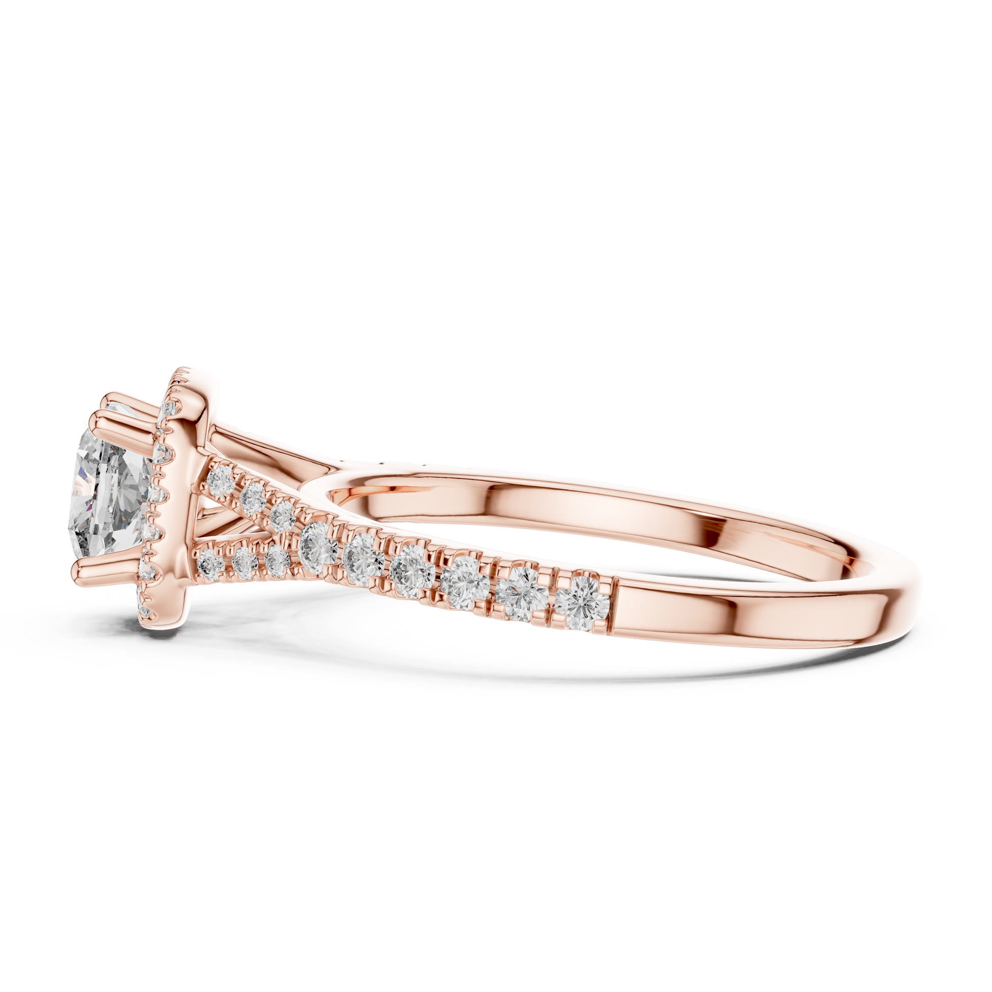 14kt Rose Gold Cushion-Cut Lab Grown Engagement Ring with Halo of Smaller Diamonds