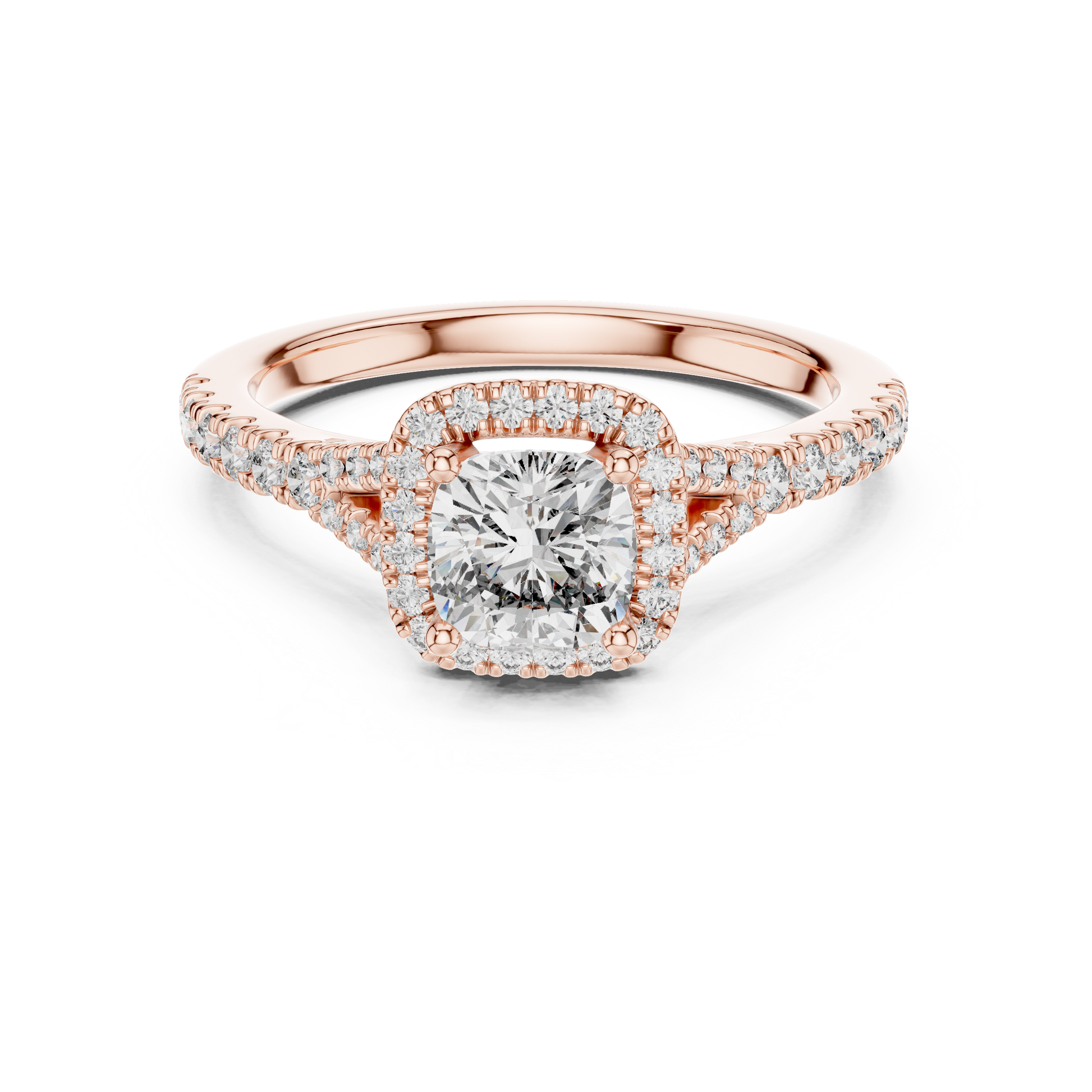 14kt Rose Gold Cushion-Cut Lab Grown Engagement Ring with Halo of Smaller Diamonds