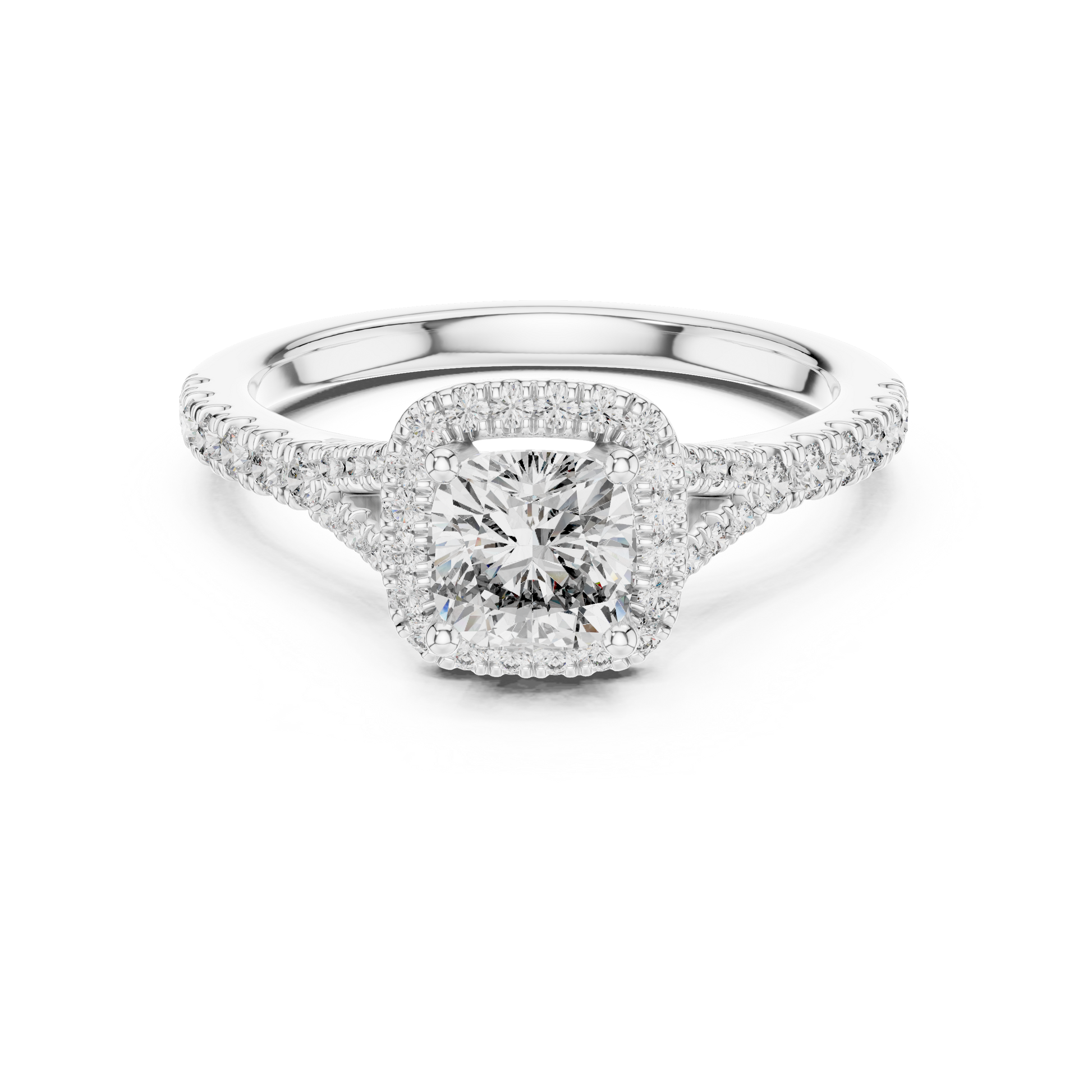 14kt White Gold Cushion-Cut Lab Grown Engagement Ring with Halo of Smaller Diamonds