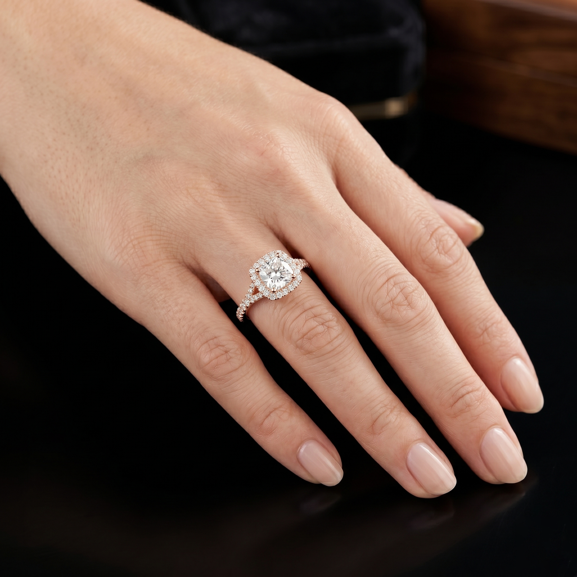 14kt Cushion-Cut Lab Grown Engagement Ring with Halo of Smaller Diamonds