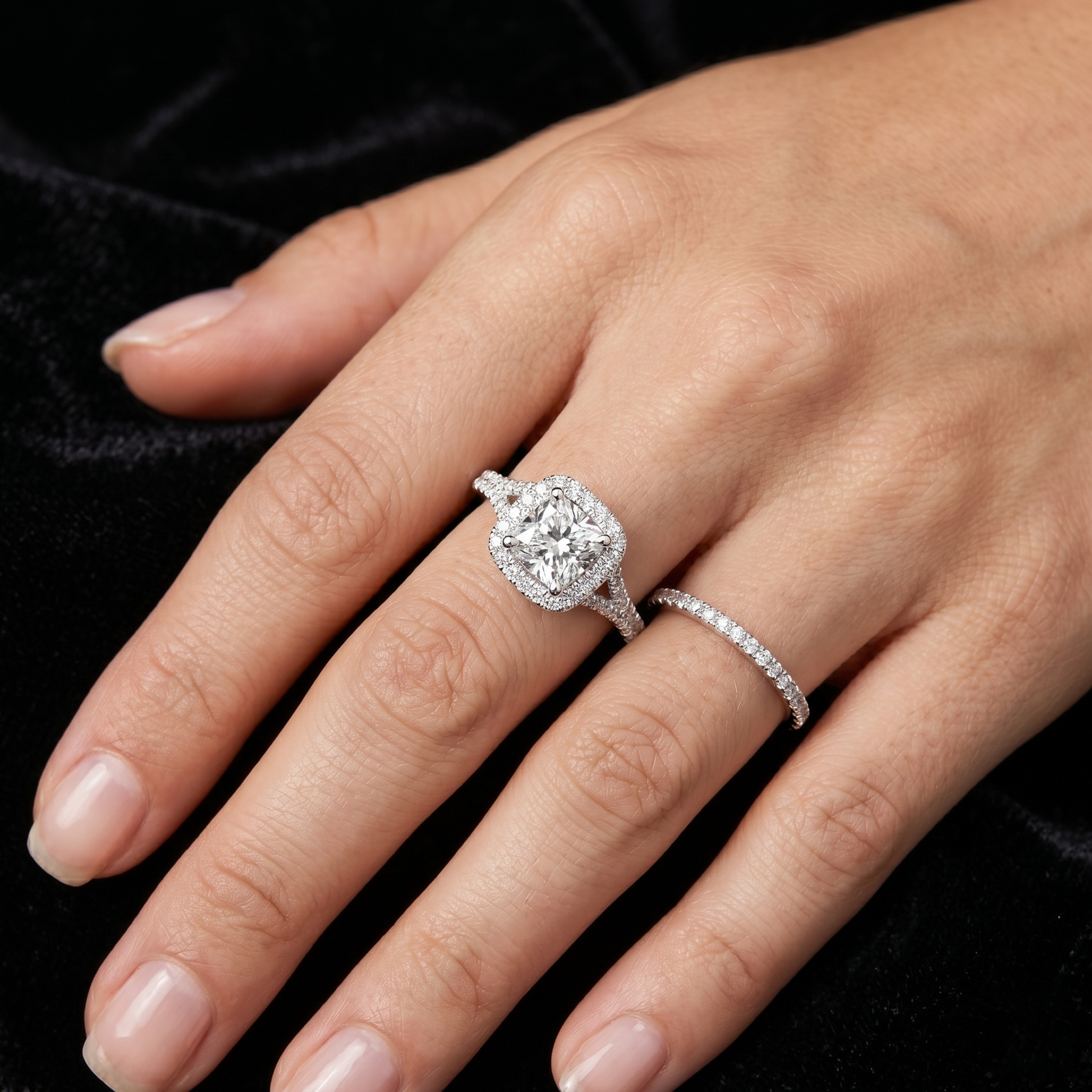 14kt Cushion-Cut Lab Grown Engagement Ring with Halo of Smaller Diamonds
